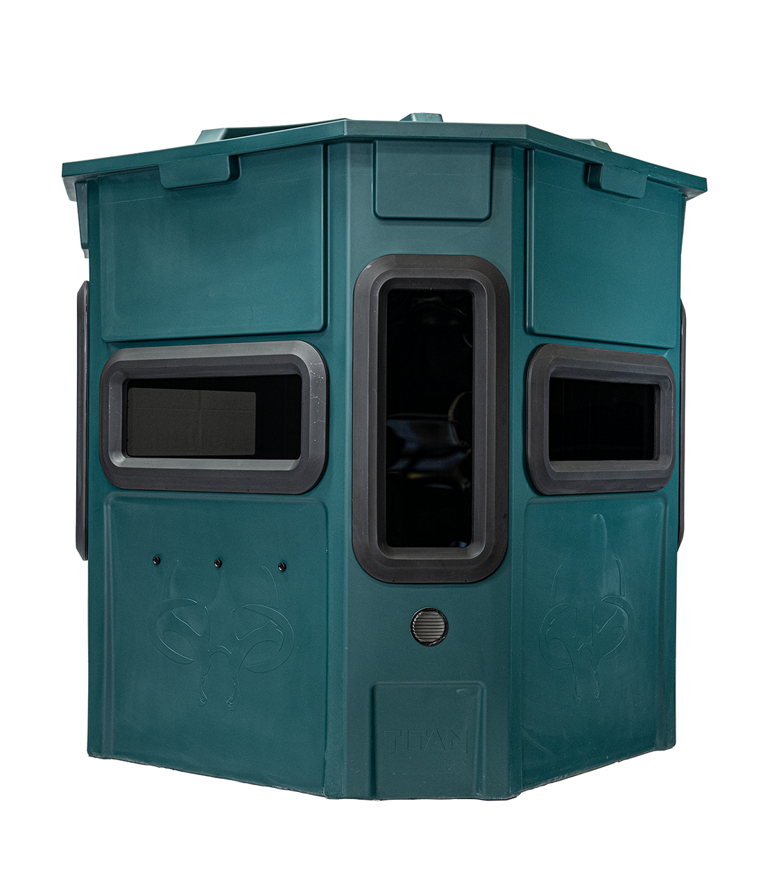Titan Pro Archery & Rifle Combo Blind in forest green, rear view, ground level