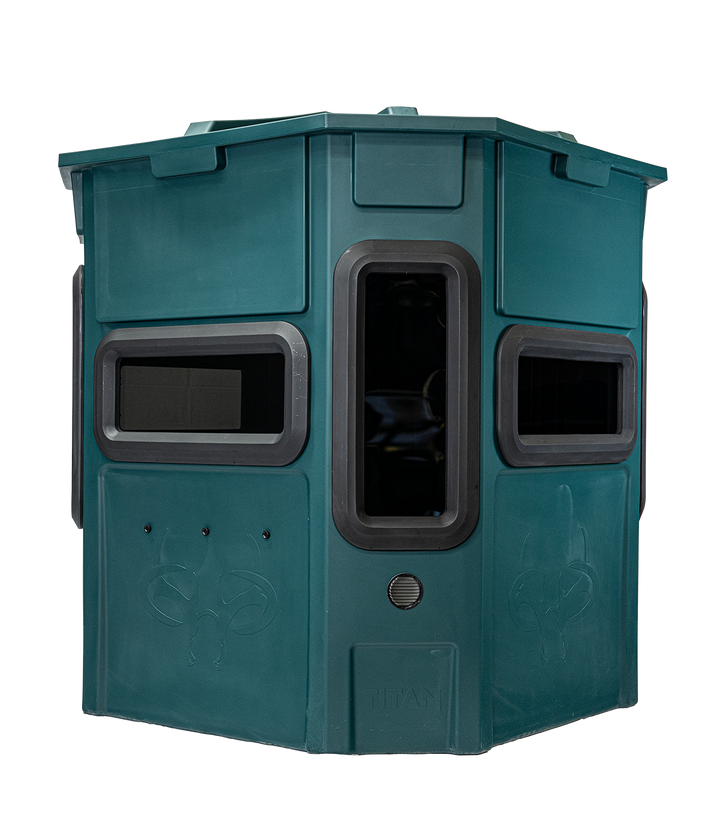 Titan Pro Archery & Rifle Combo Blind in forest green, rear view, ground level