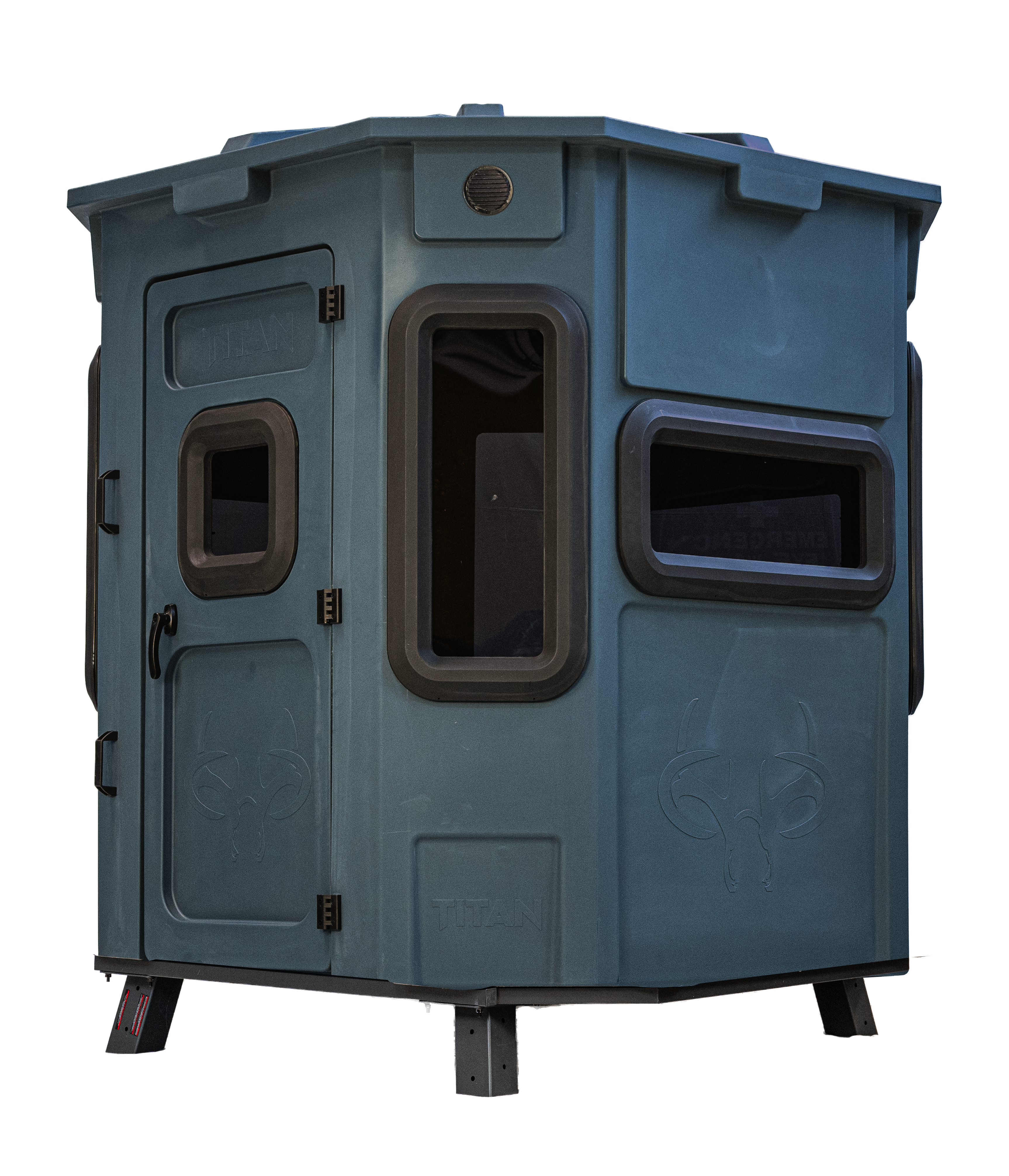Titan Pro Archery & Rifle Combo Blind in forest green, set up on a metal blind base