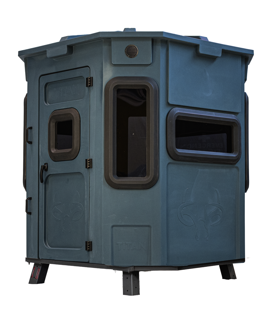 Titan Pro Archery & Rifle Combo Blind in forest green, set up on a metal blind base