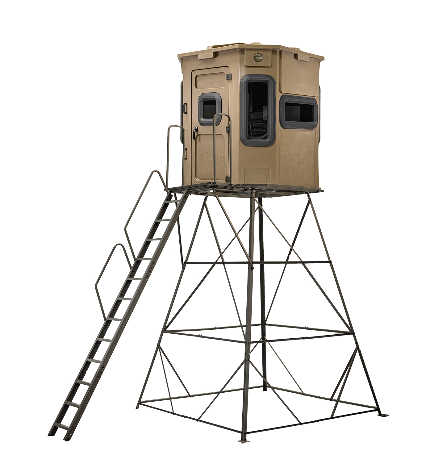 Titan Pro Archery & Rifle Combo Blind in desert storm tan, mounted on a 12ft tower with ladder