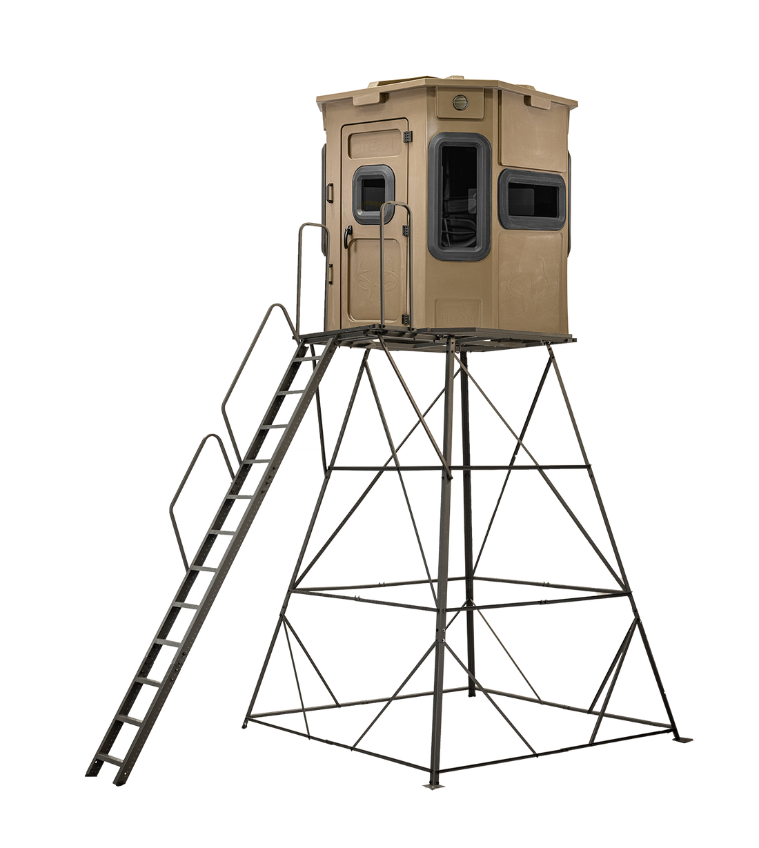 Titan Pro Archery & Rifle Combo Blind in desert storm tan, mounted on a 12ft tower with ladder