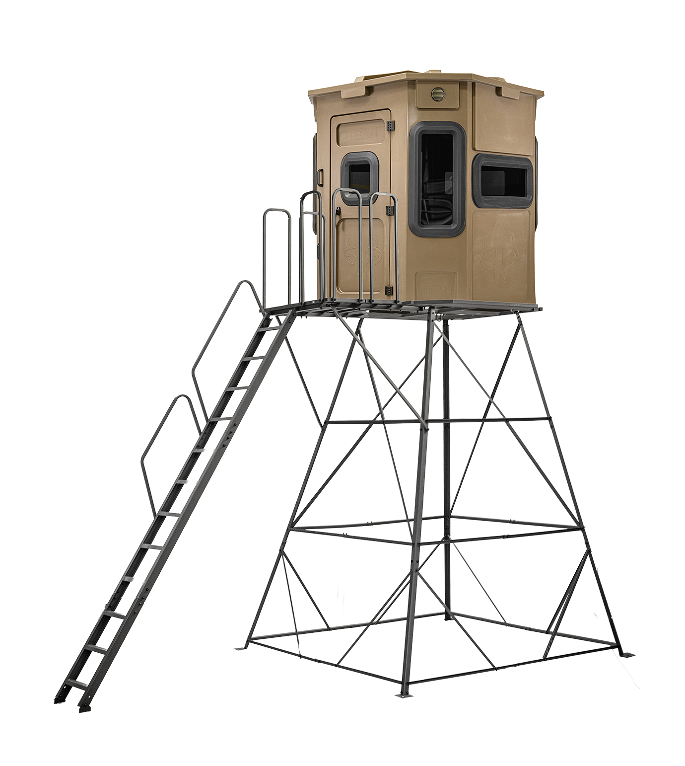 Titan Pro Archery & Rifle Combo Blind in desert storm tan, mounted on a 12ft tower with ladder and extension