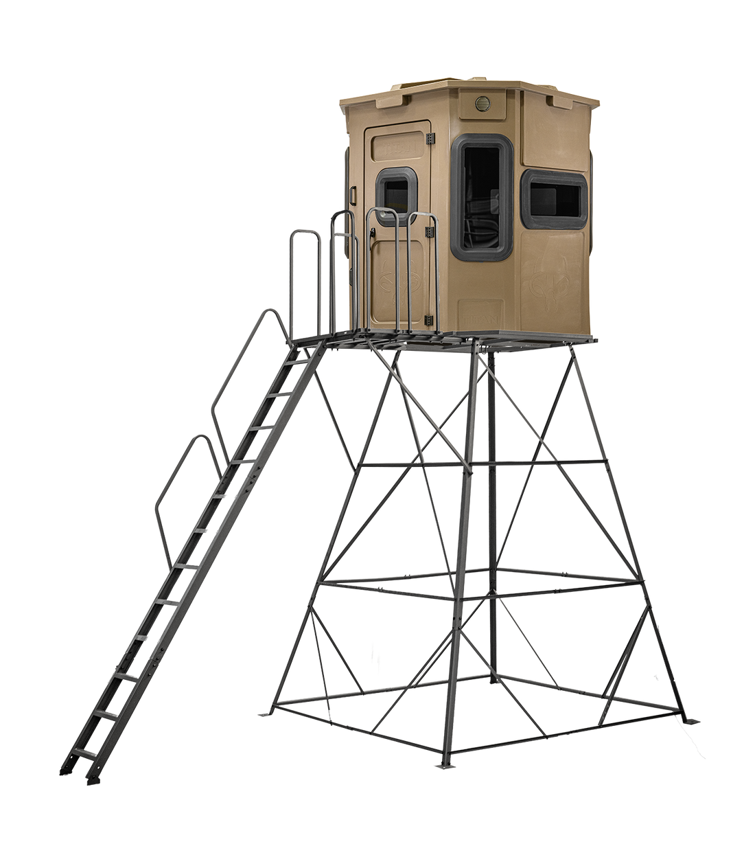 Titan Pro Archery & Rifle Combo Blind in desert storm tan, mounted on a 12ft tower with ladder and extension