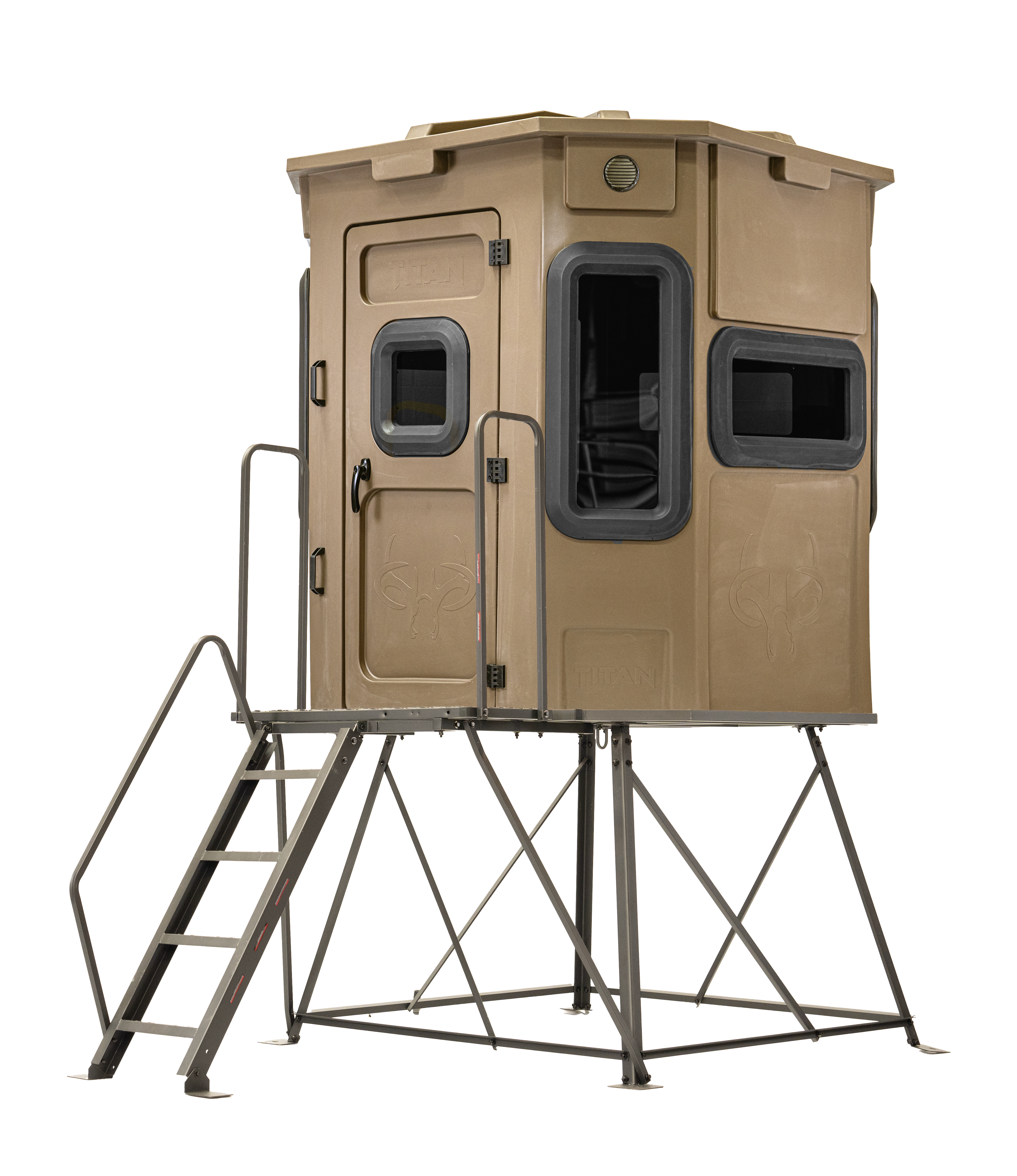 Titan Pro Archery & Rifle Combo Blind in desert storm tan, mounted on a 4ft tower with ladder