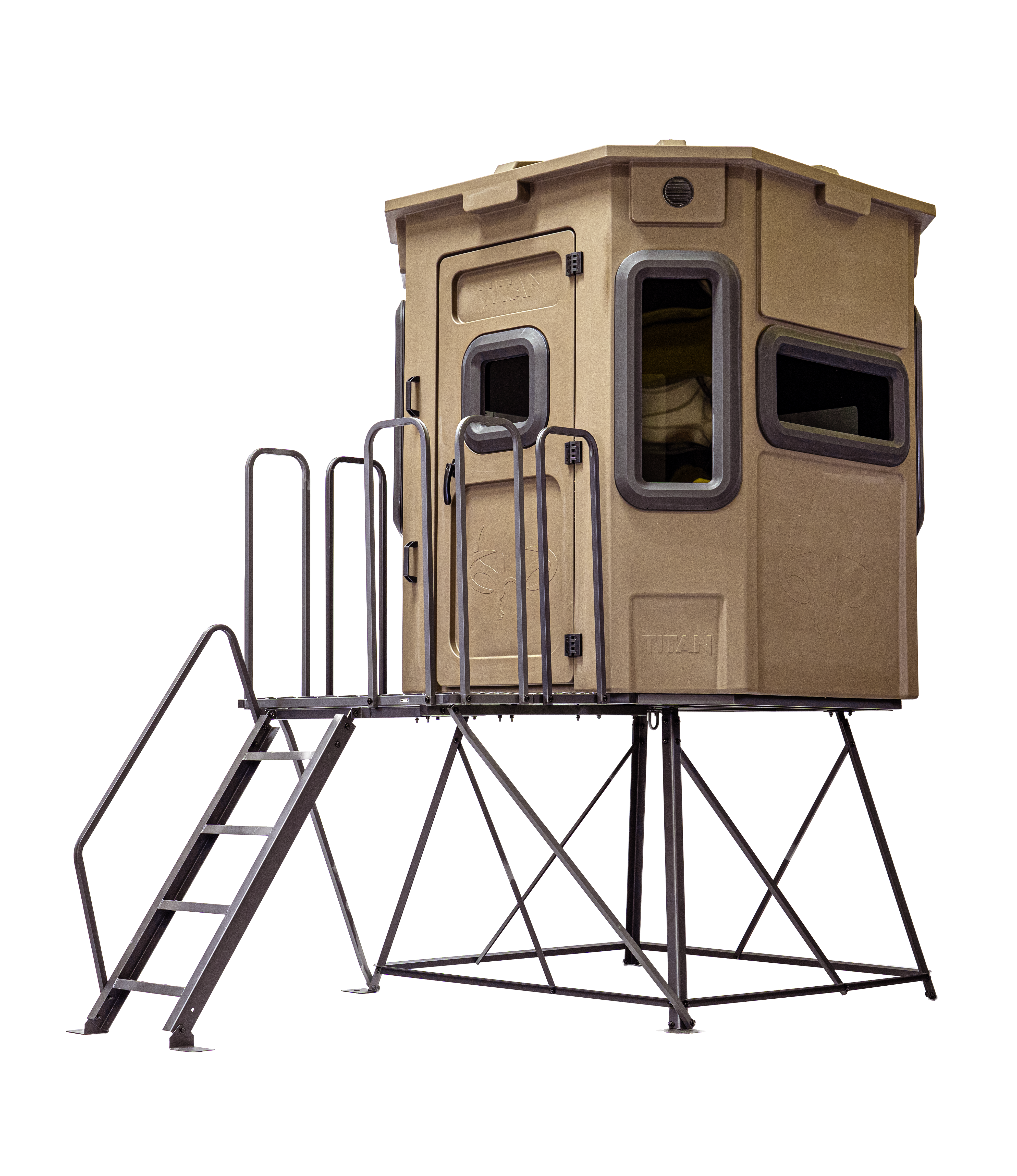 Titan Pro Archery & Rifle Combo Blind in desert storm tan, mounted on a 4ft tower with ladder and extension