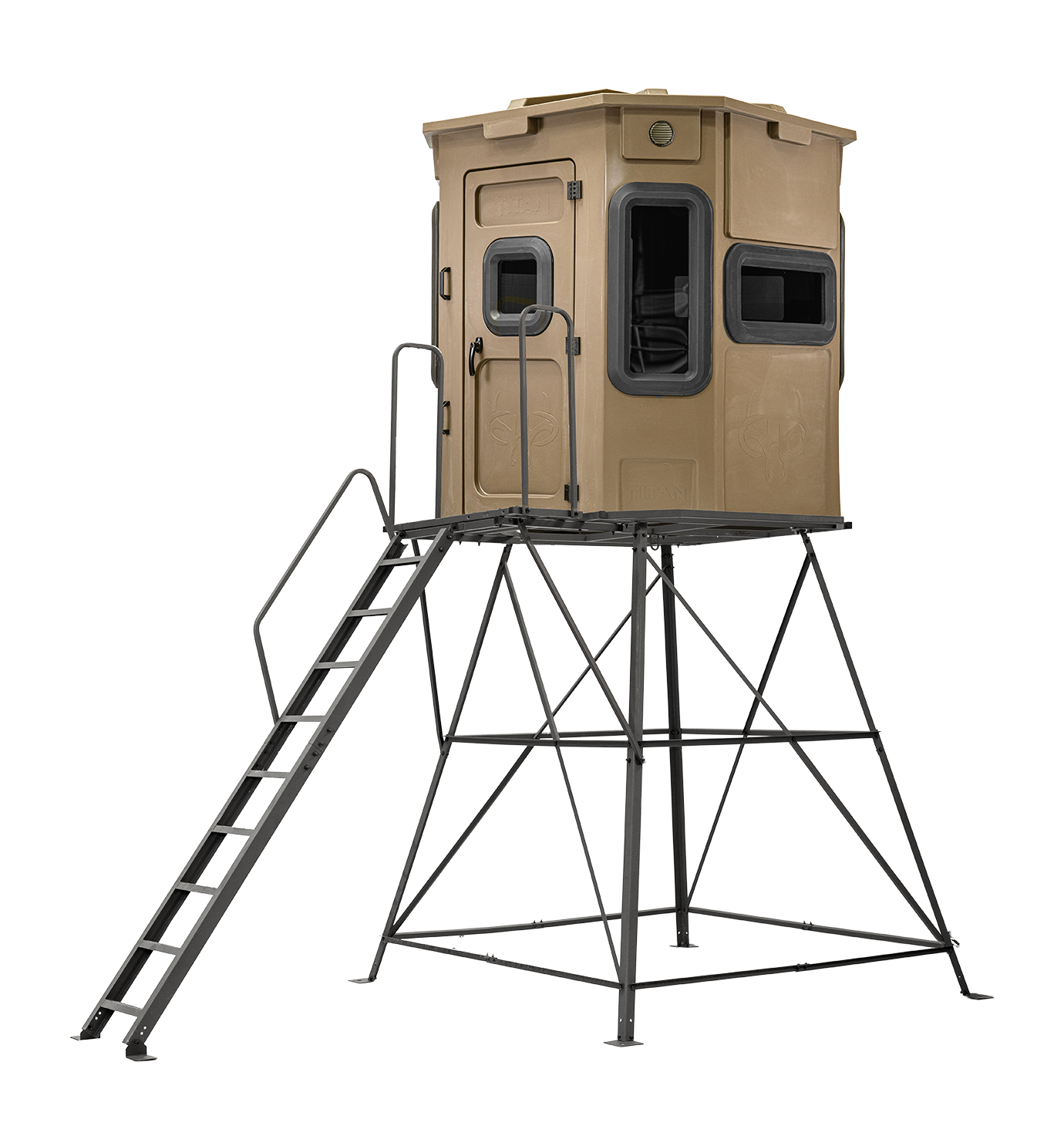 Titan Pro Archery & Rifle Combo Blind in desert storm tan, mounted on a 8ft tower with ladder