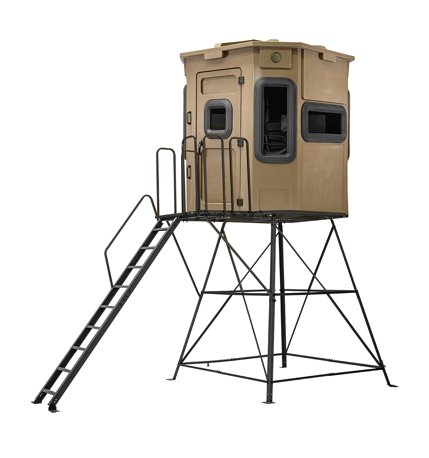 Titan Pro Archery & Rifle Combo Blind in desert storm tan, mounted on a 8ft tower with ladder and extension