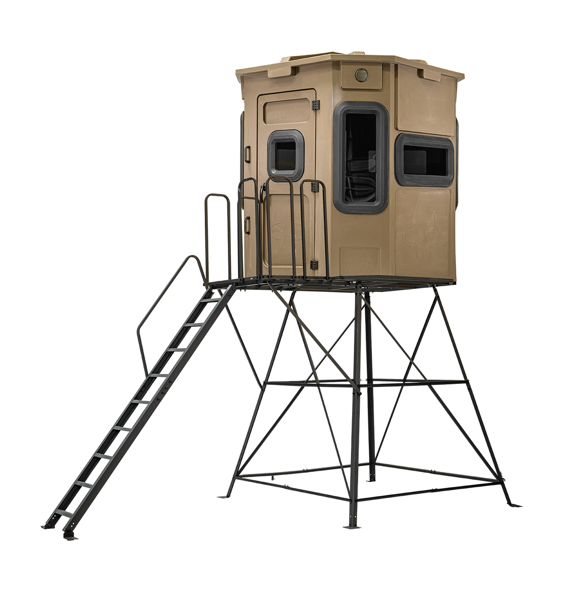 Titan Pro Archery & Rifle Combo Blind in desert storm tan, mounted on a 8ft tower with ladder and extension