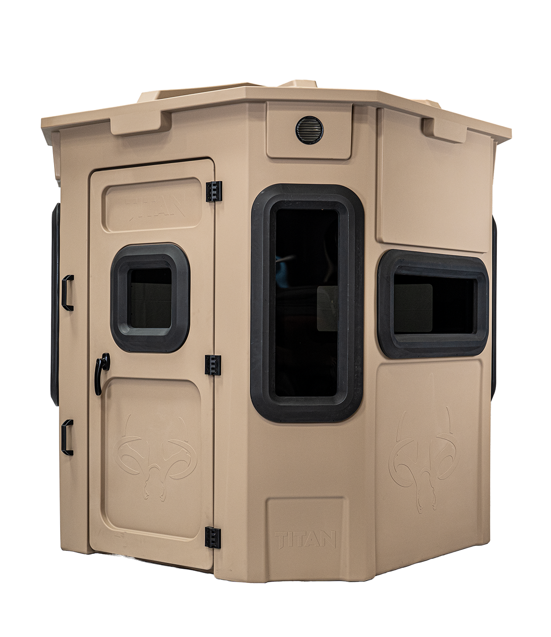Titan Pro Archery & Rifle Combo Blind in desert storm tan, front view, ground level
