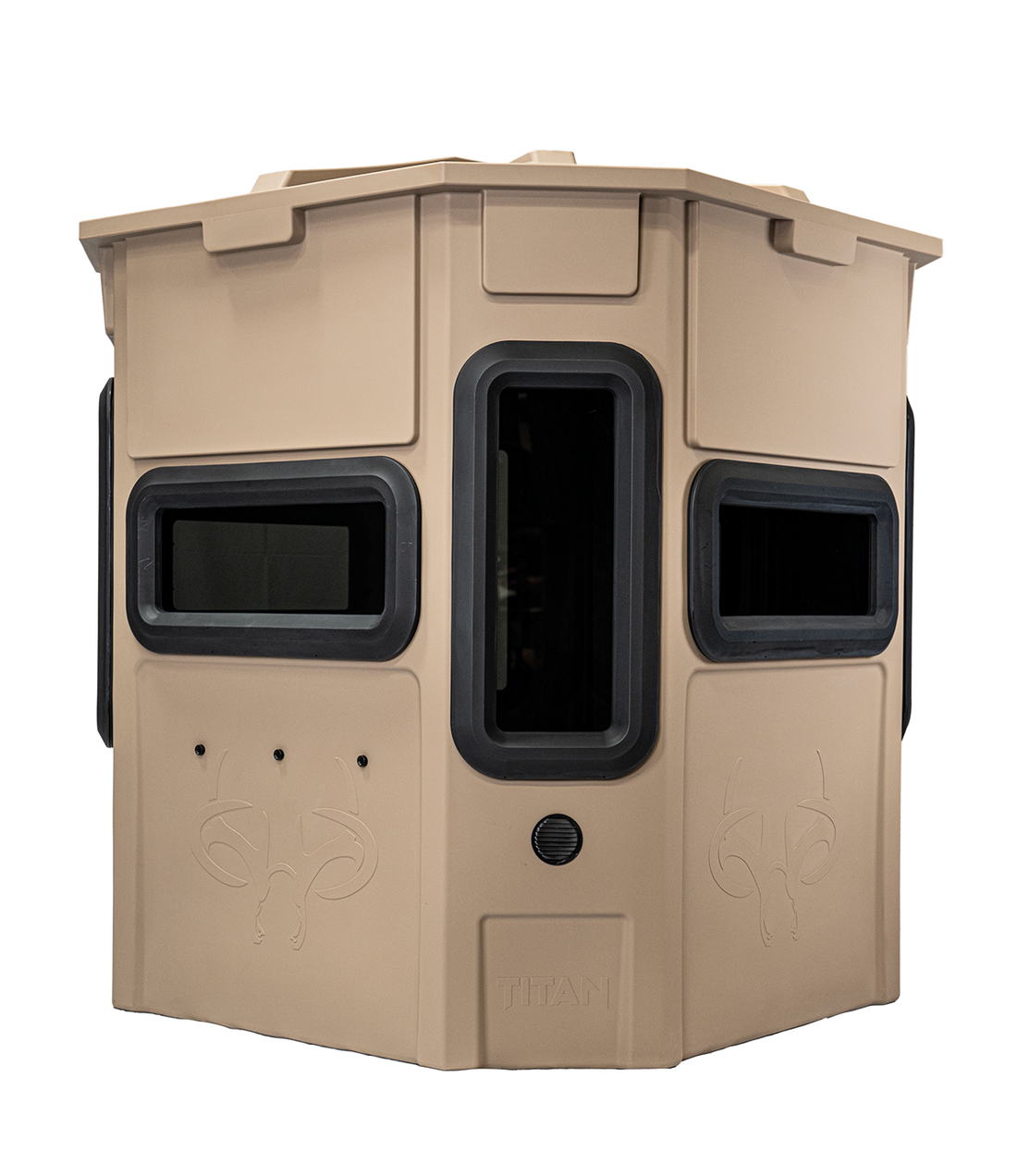 Titan Pro Archery & Rifle Combo Blind in desert storm tan, rear view, ground level