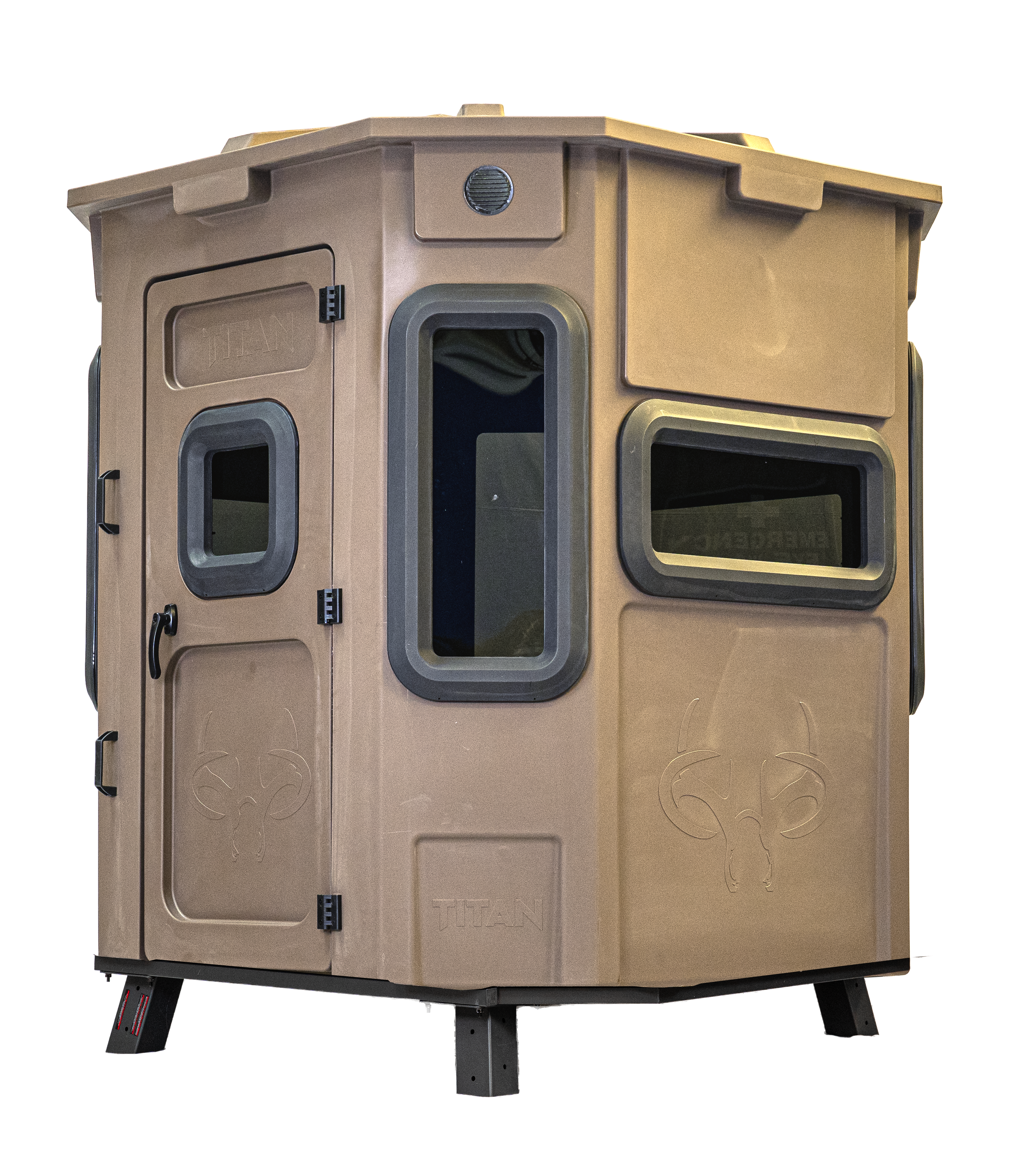 Titan Pro Archery & Rifle Combo Blind in desert storm tan, set up on a metal blind base