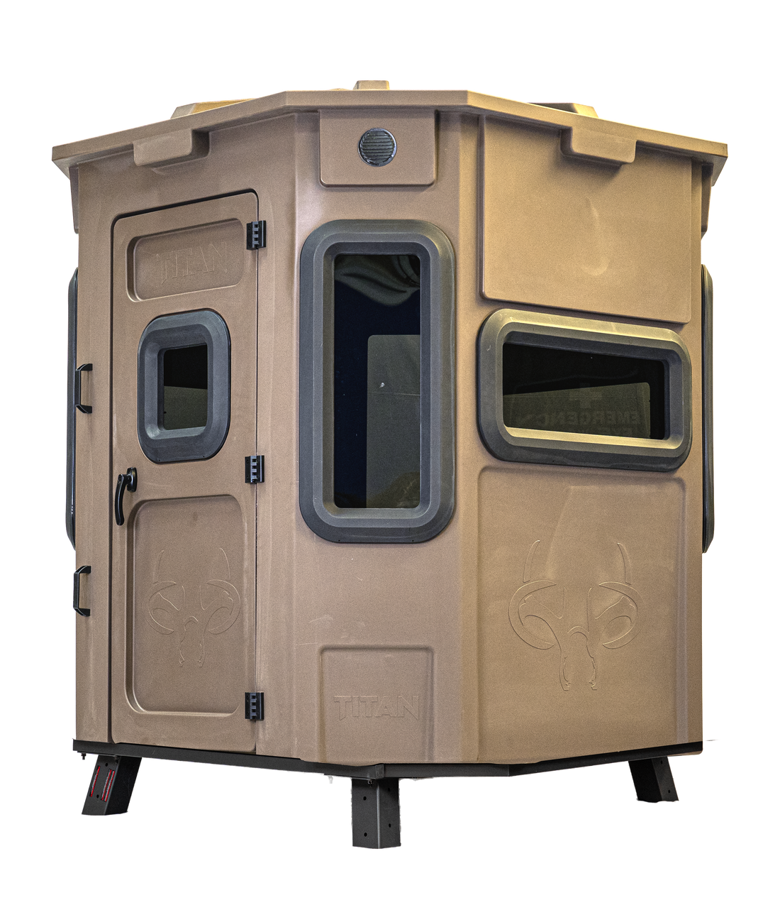 Titan Pro Archery & Rifle Combo Blind in desert storm tan, set up on a metal blind base