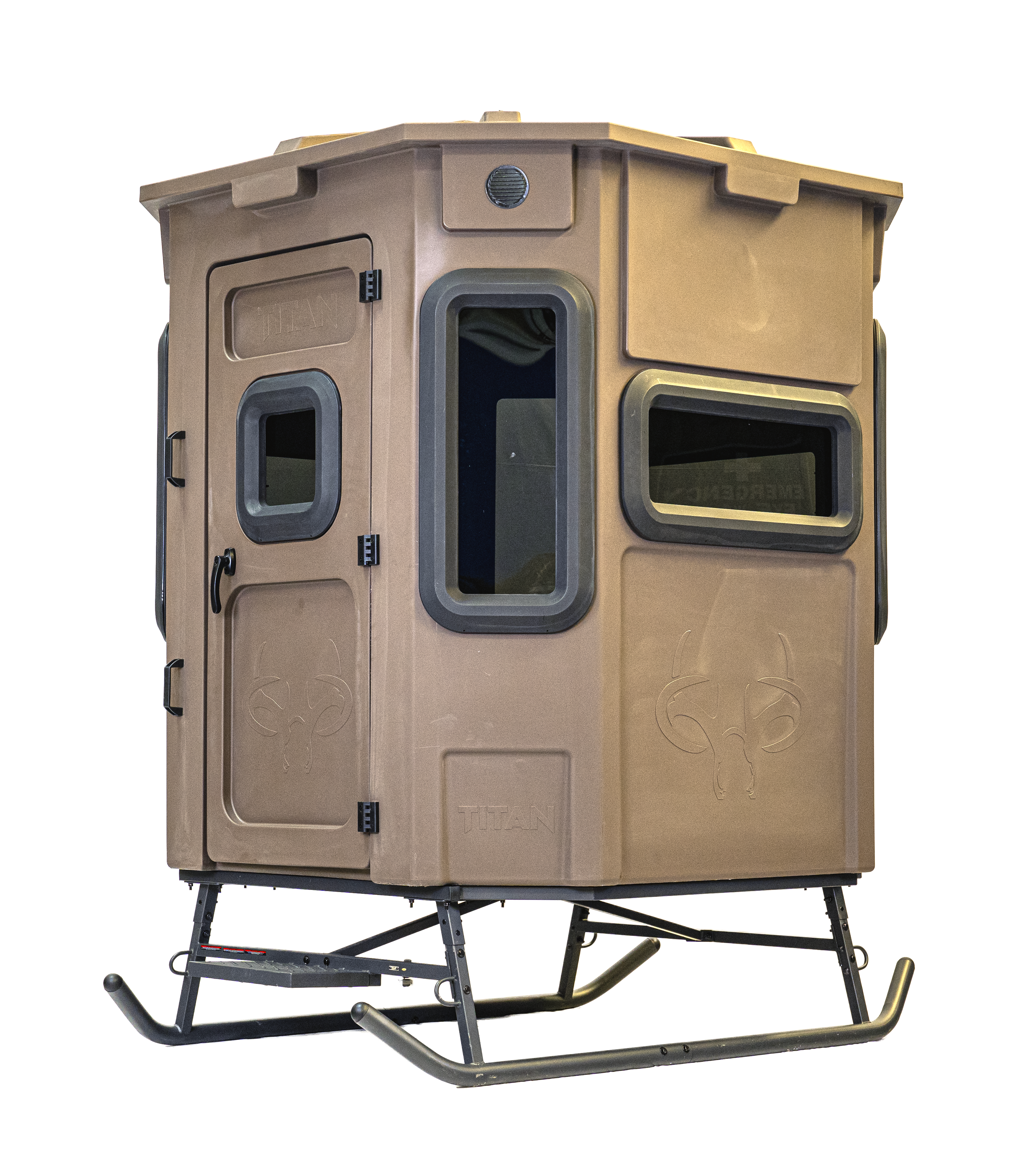 Titan Pro Archery & Rifle Combo Blind in desert storm tan, set up on a metal skid base