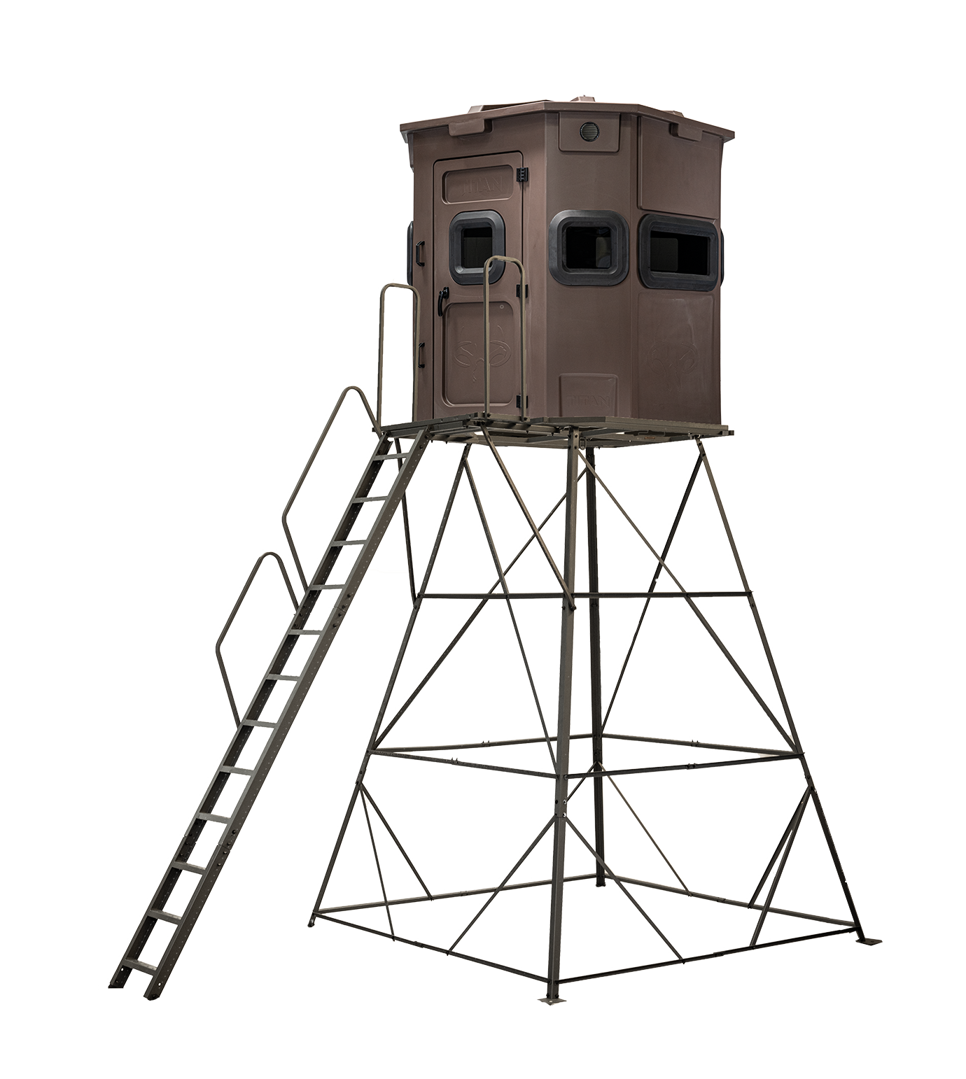 Titan Pro Rifle Blind in tree-trunk brown, mounted on a 12ft tower with ladder