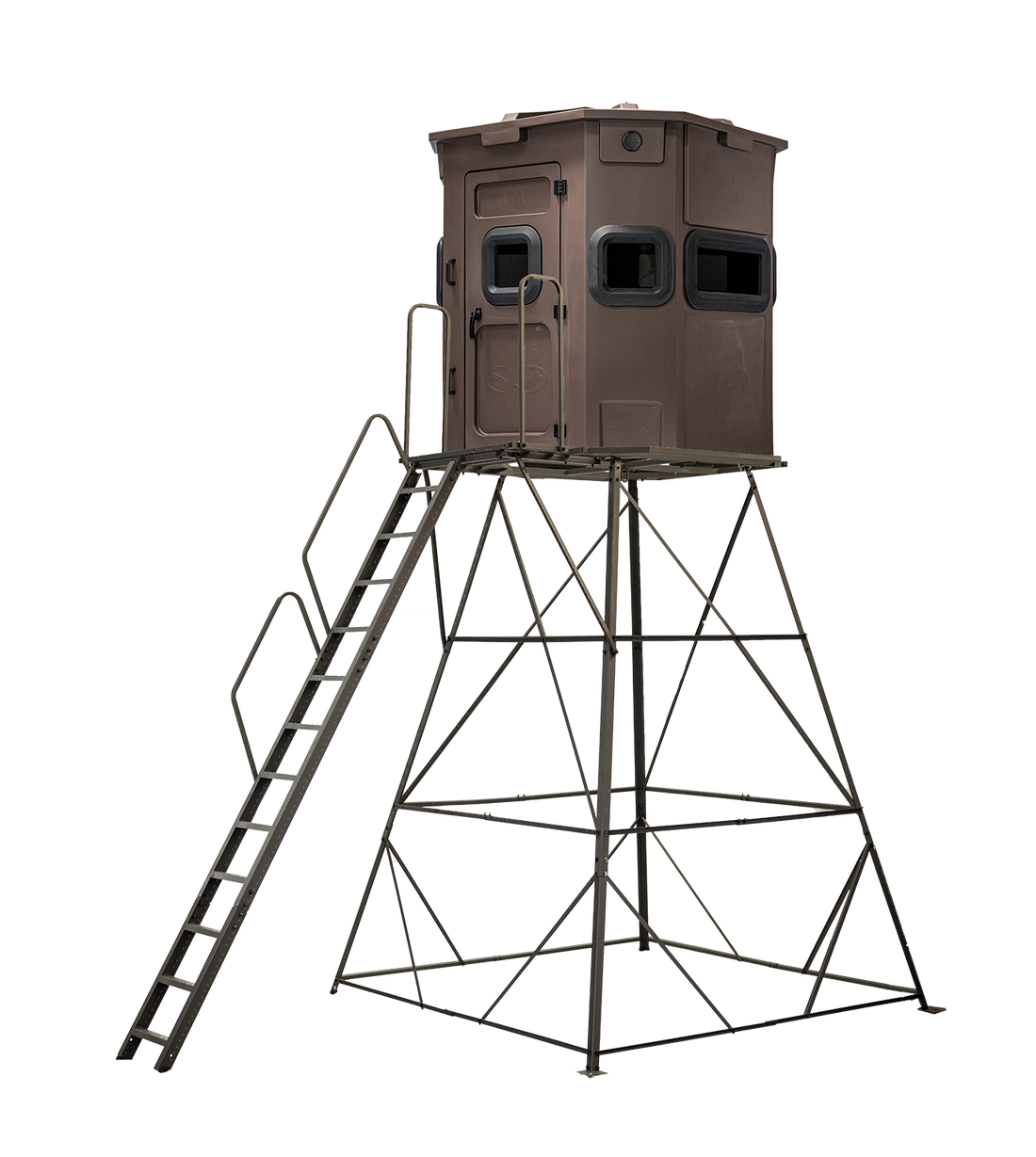 Titan Pro Rifle Blind in tree-trunk brown, mounted on a 12ft tower with ladder