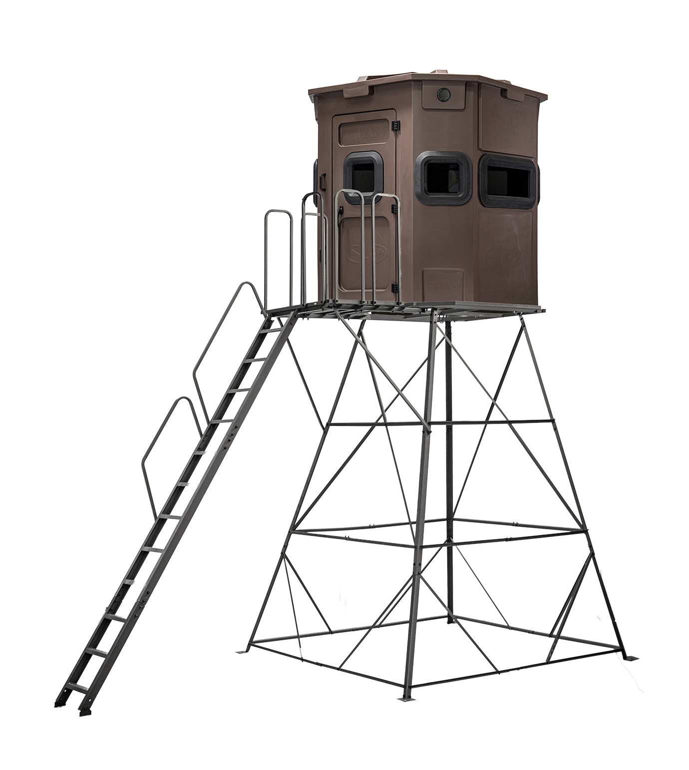 Titan Pro Rifle Blind in tree-trunk brown, mounted on a 12ft tower with ladder and extension