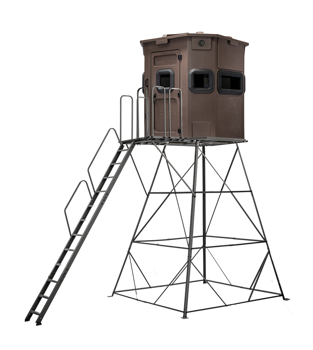 Titan Pro Rifle Blind in tree-trunk brown, mounted on a 12ft tower with ladder and extension