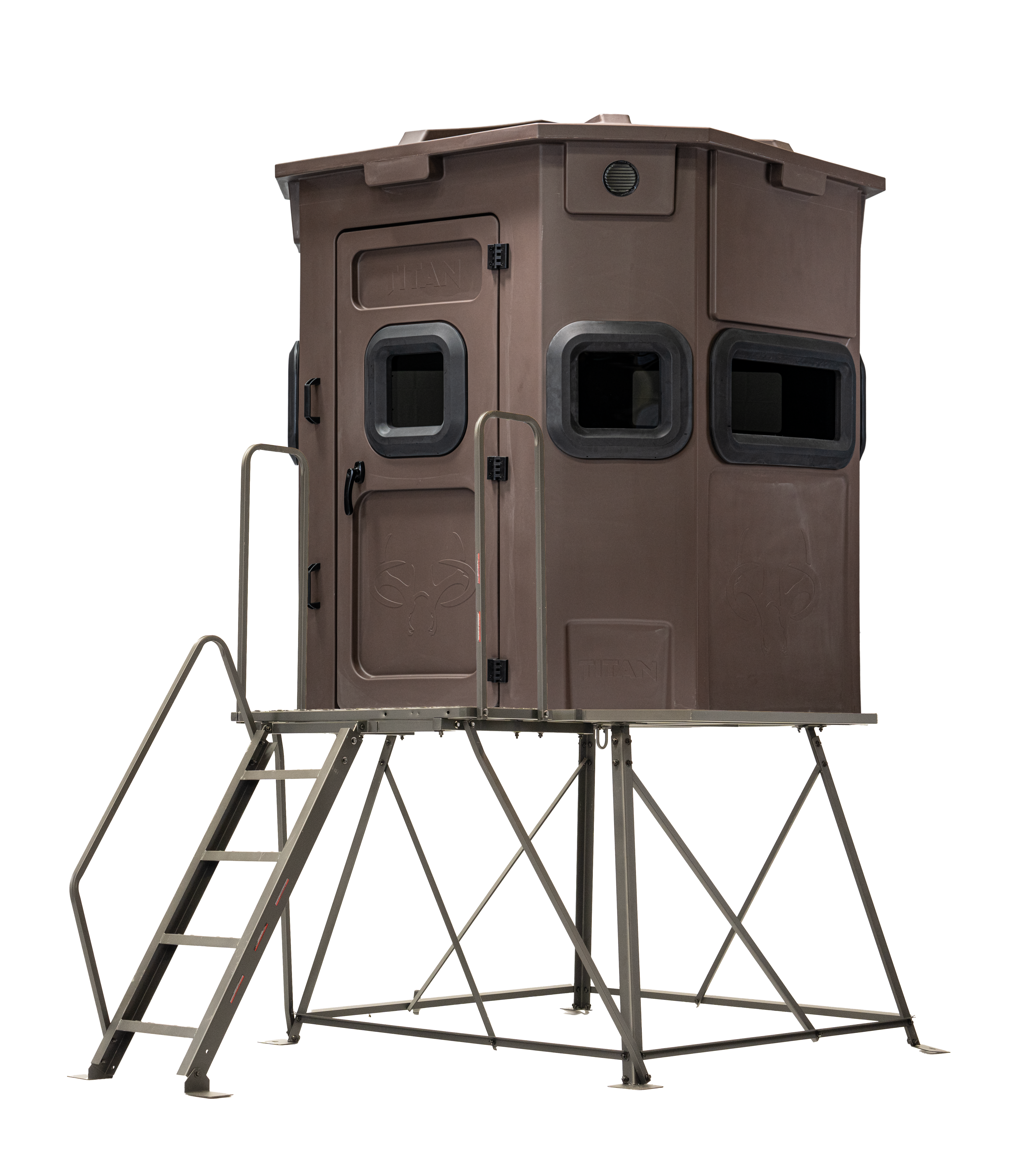 Titan Pro Rifle Blind in tree-trunk brown, mounted on a 4ft tower with ladder