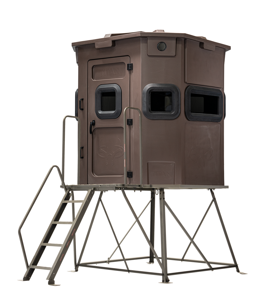 Titan Pro Rifle Blind in tree-trunk brown, mounted on a 4ft tower with ladder