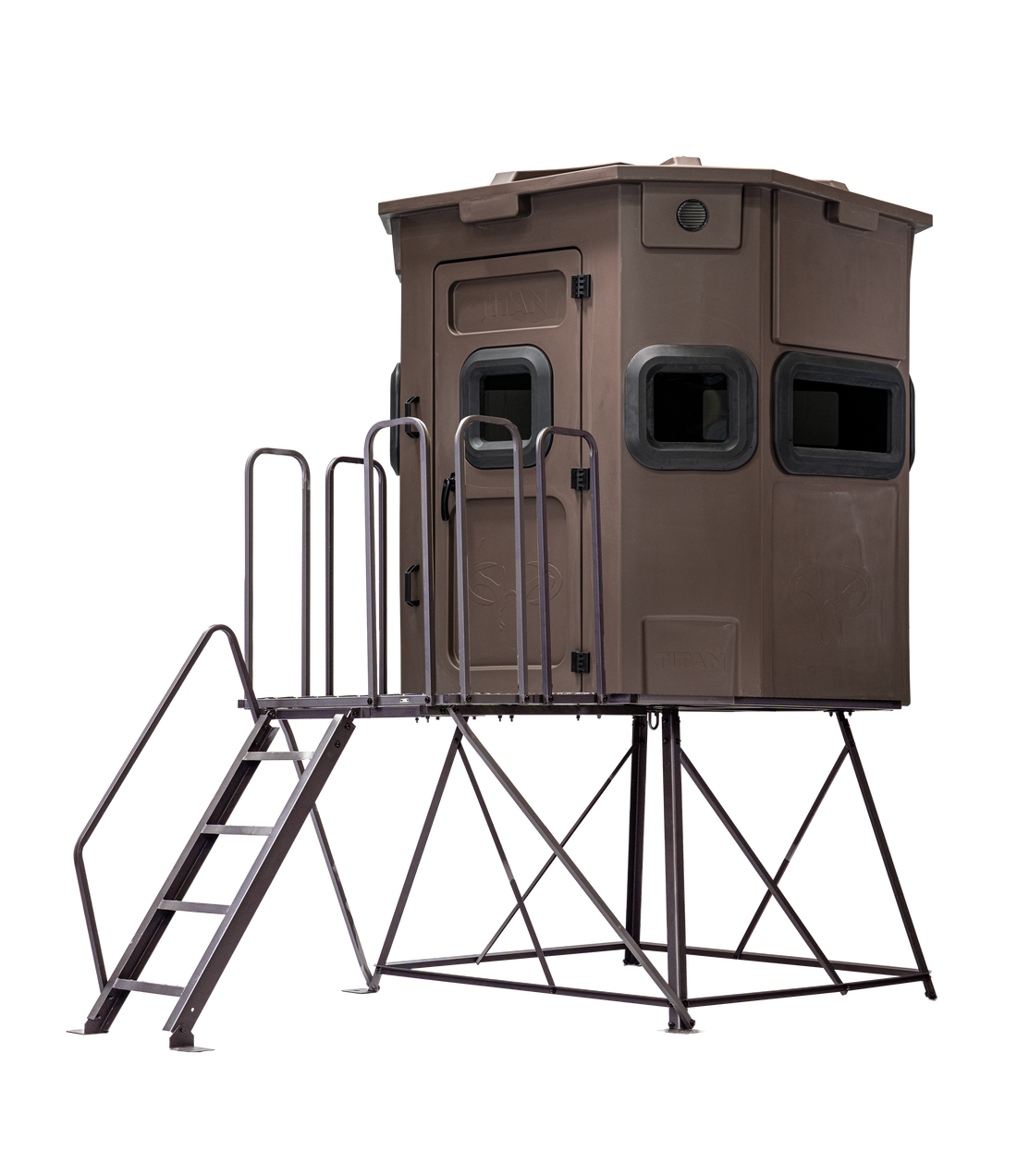 Titan Pro Rifle Blind in tree-trunk brown, mounted on a 4ft tower with ladder and extension