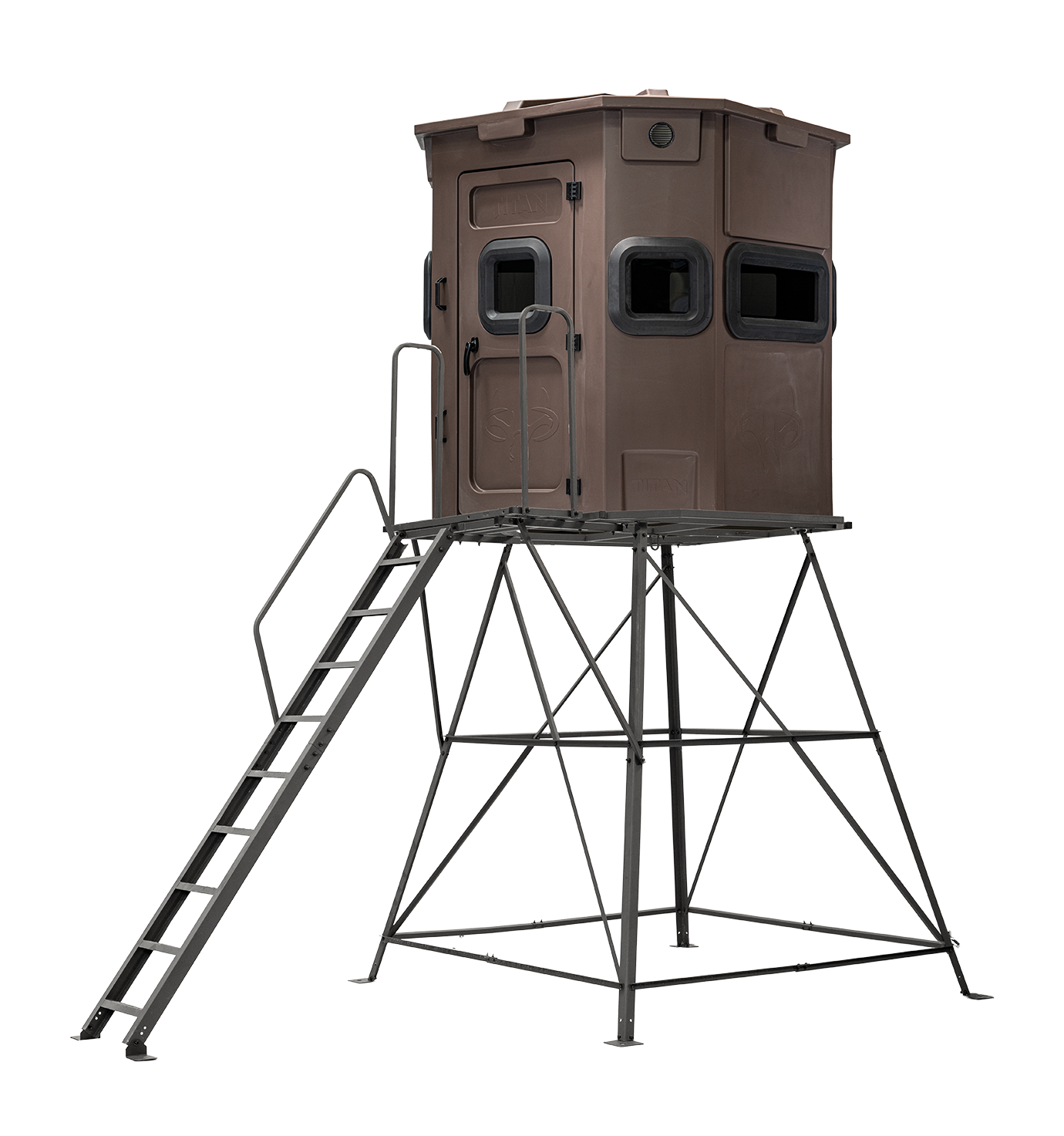 Titan Pro Rifle Blind in tree-trunk brown, mounted on a 8ft tower with ladder