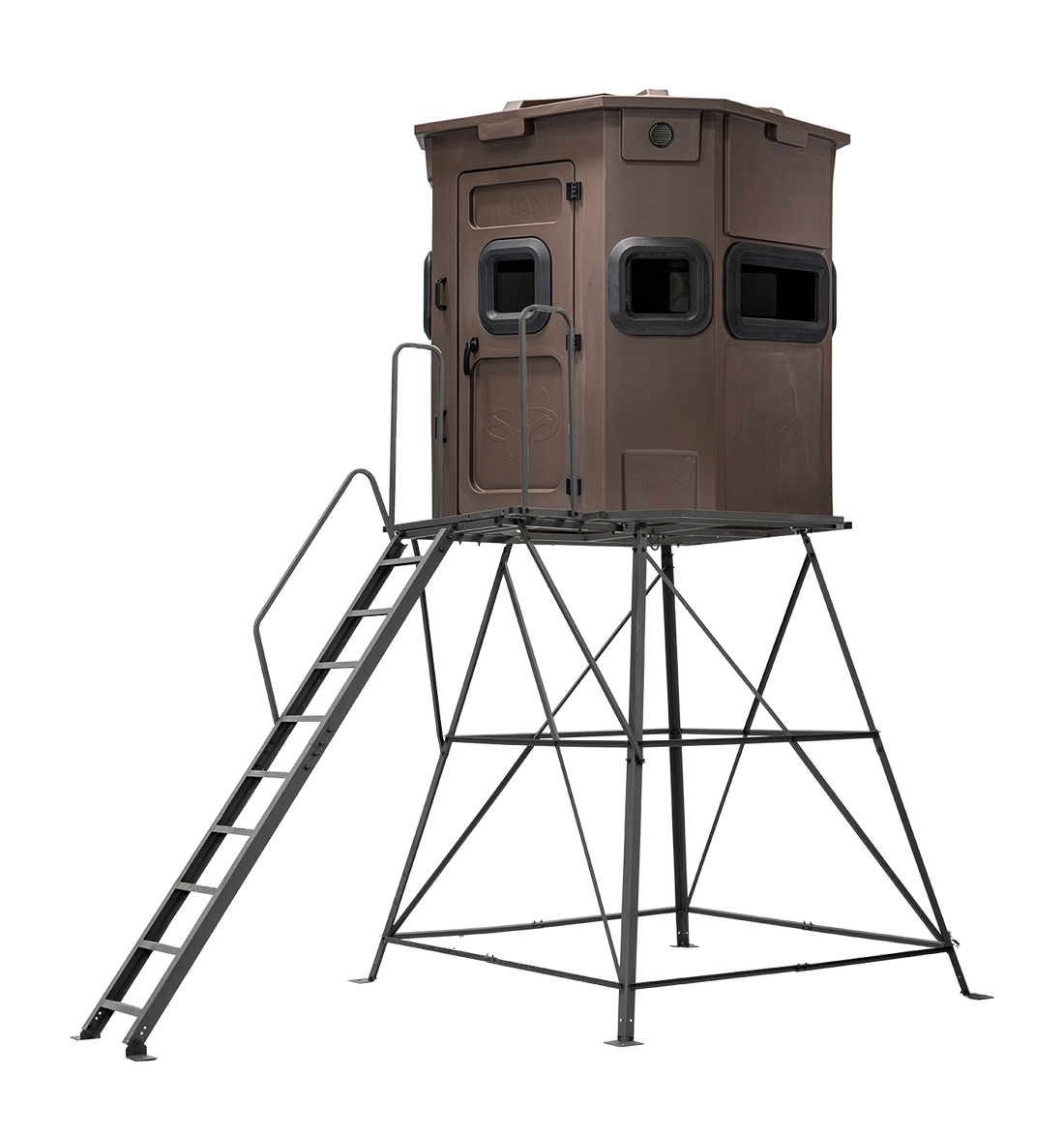 Titan Pro Rifle Blind in tree-trunk brown, mounted on a 8ft tower with ladder