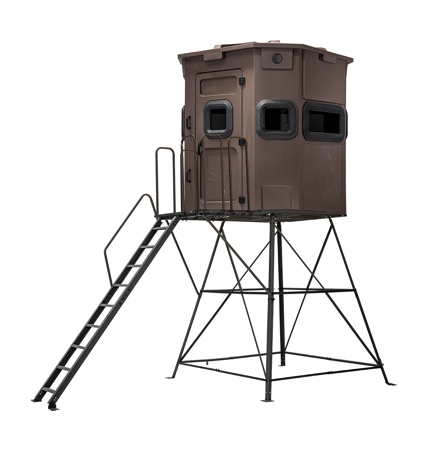 Titan Pro Rifle Blind in tree-trunk brown, mounted on a 8ft tower with ladder and extension
