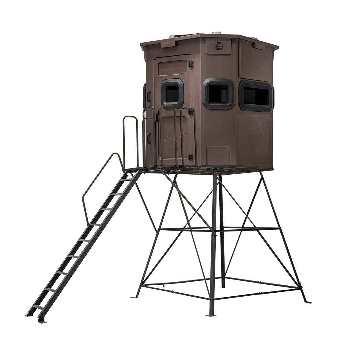 Titan Pro Rifle Blind in tree-trunk brown, mounted on a 8ft tower with ladder and extension