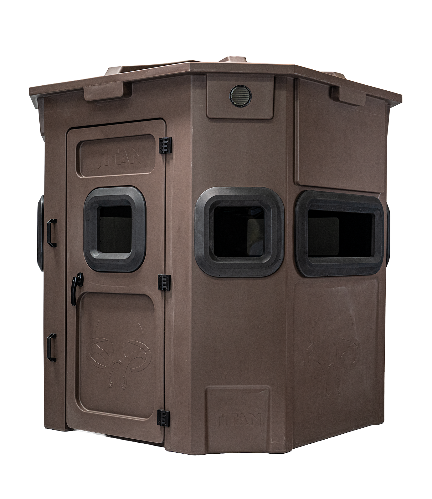 Titan Pro Rifle Blind in tree-trunk brown, front view, ground level