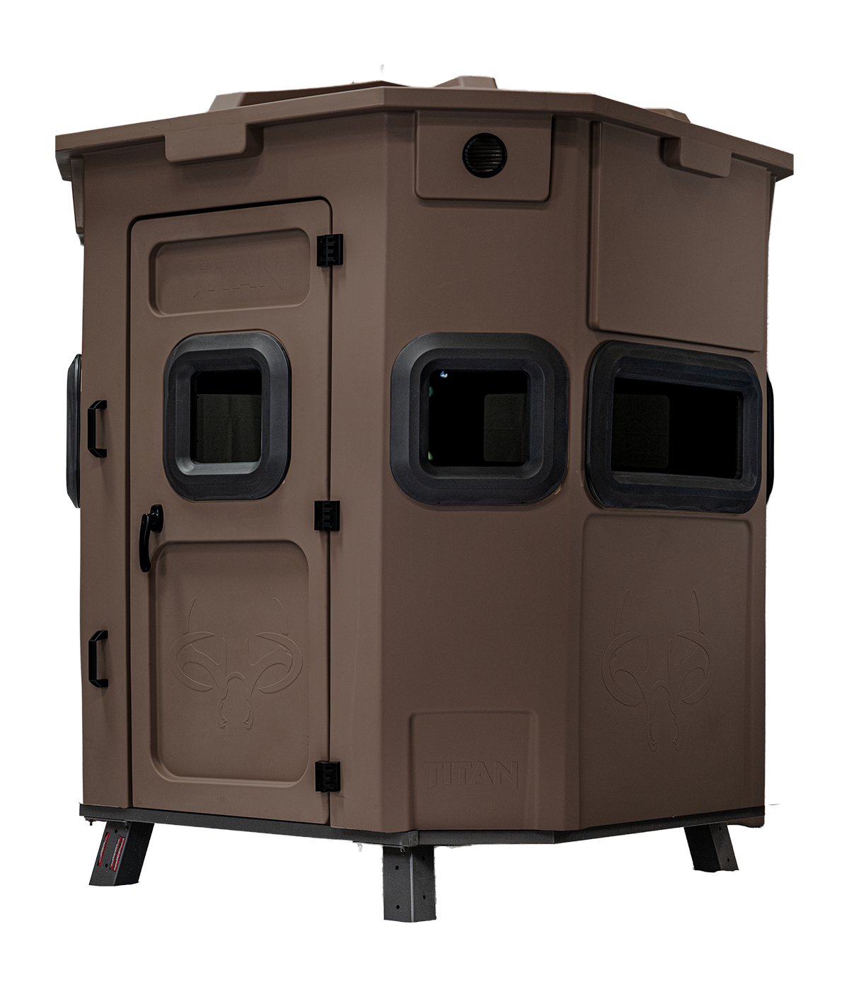 Titan Pro Rifle Blind in tree-trunk brown, set up on a metal blind base