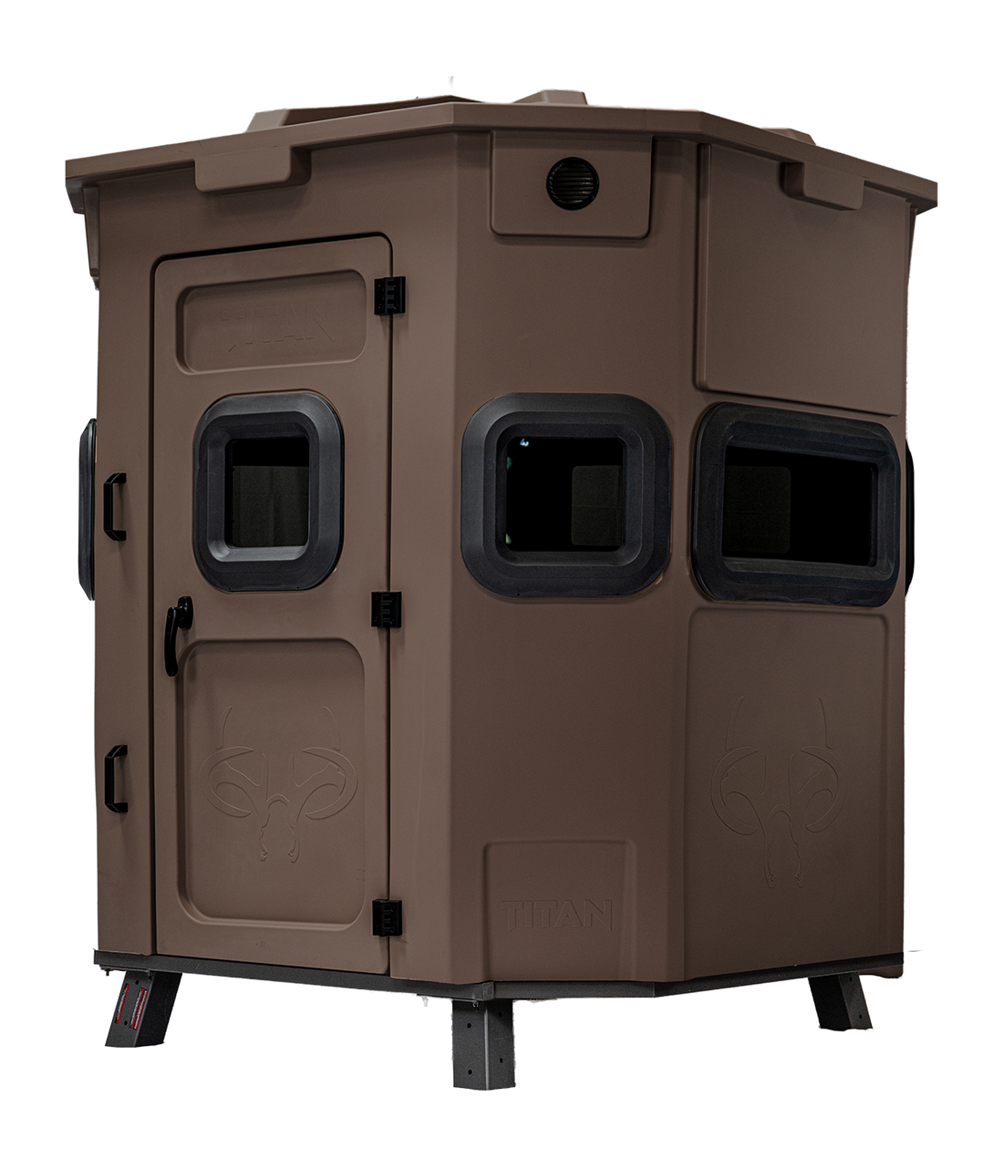 Titan Pro Rifle Blind in tree-trunk brown, set up on a metal blind base