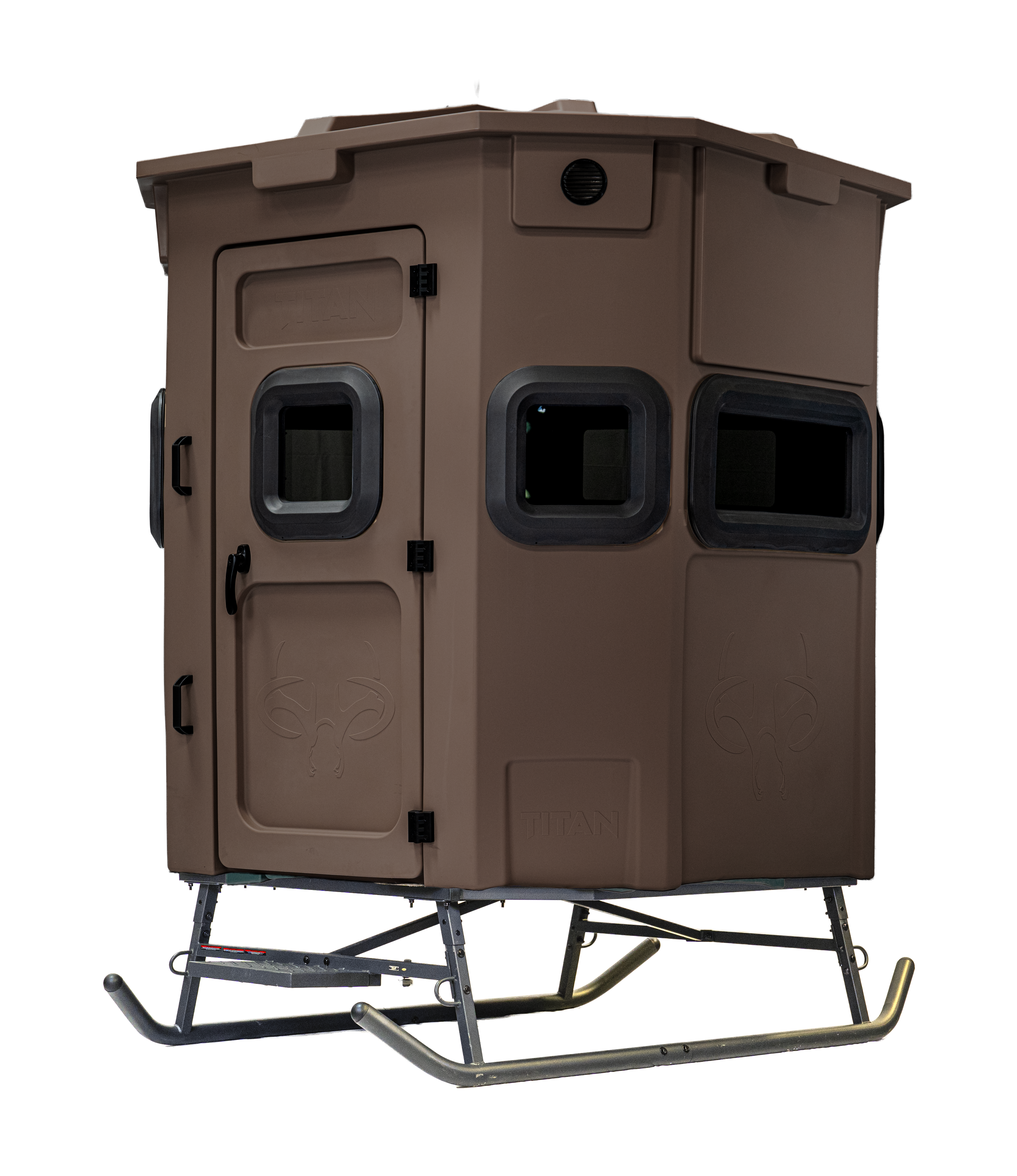 Titan Pro Rifle Blind in tree-trunk brown, set up on a metal skid base