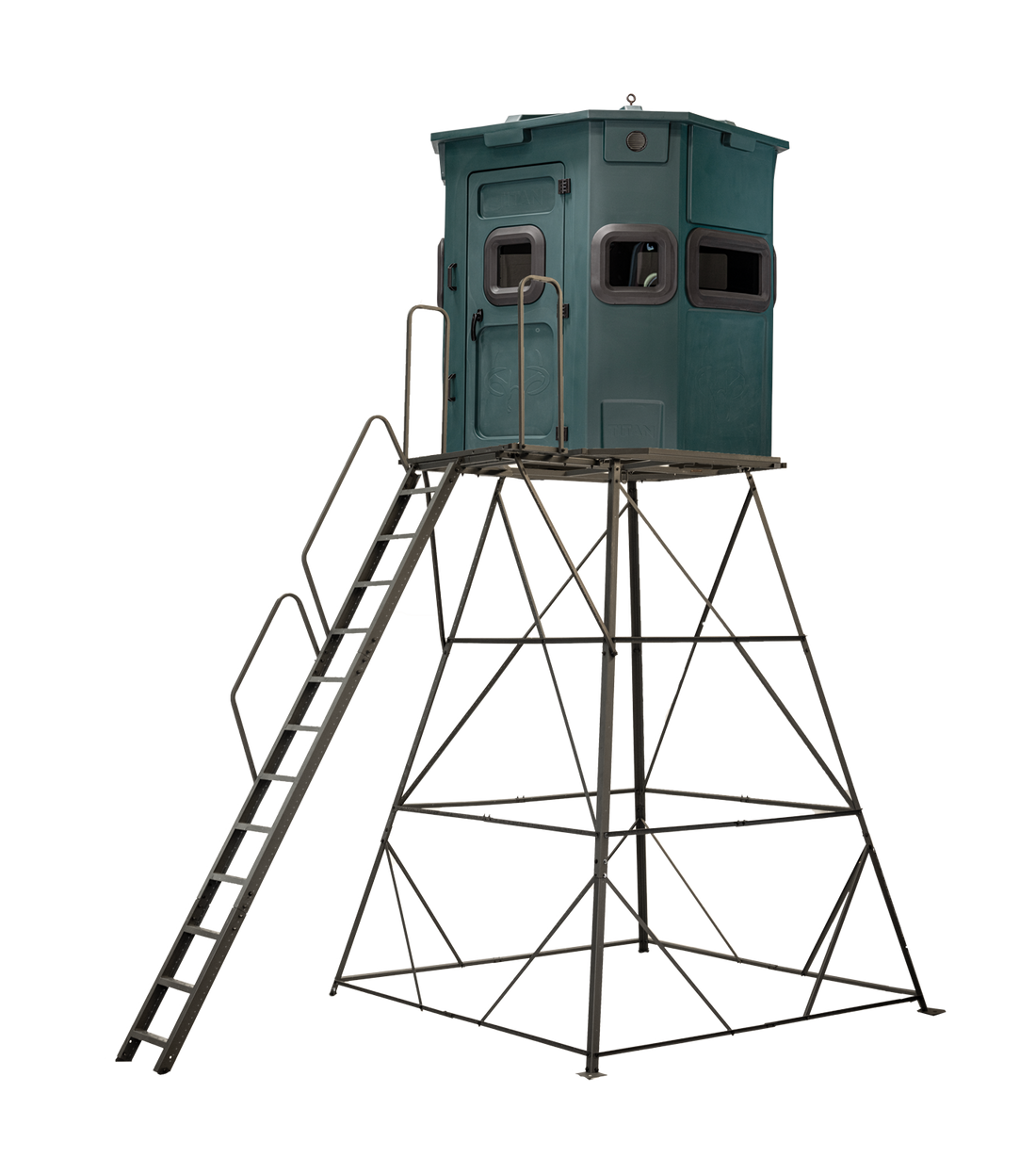 Titan Pro Rifle Blind in forest green, mounted on a 12ft tower with ladder