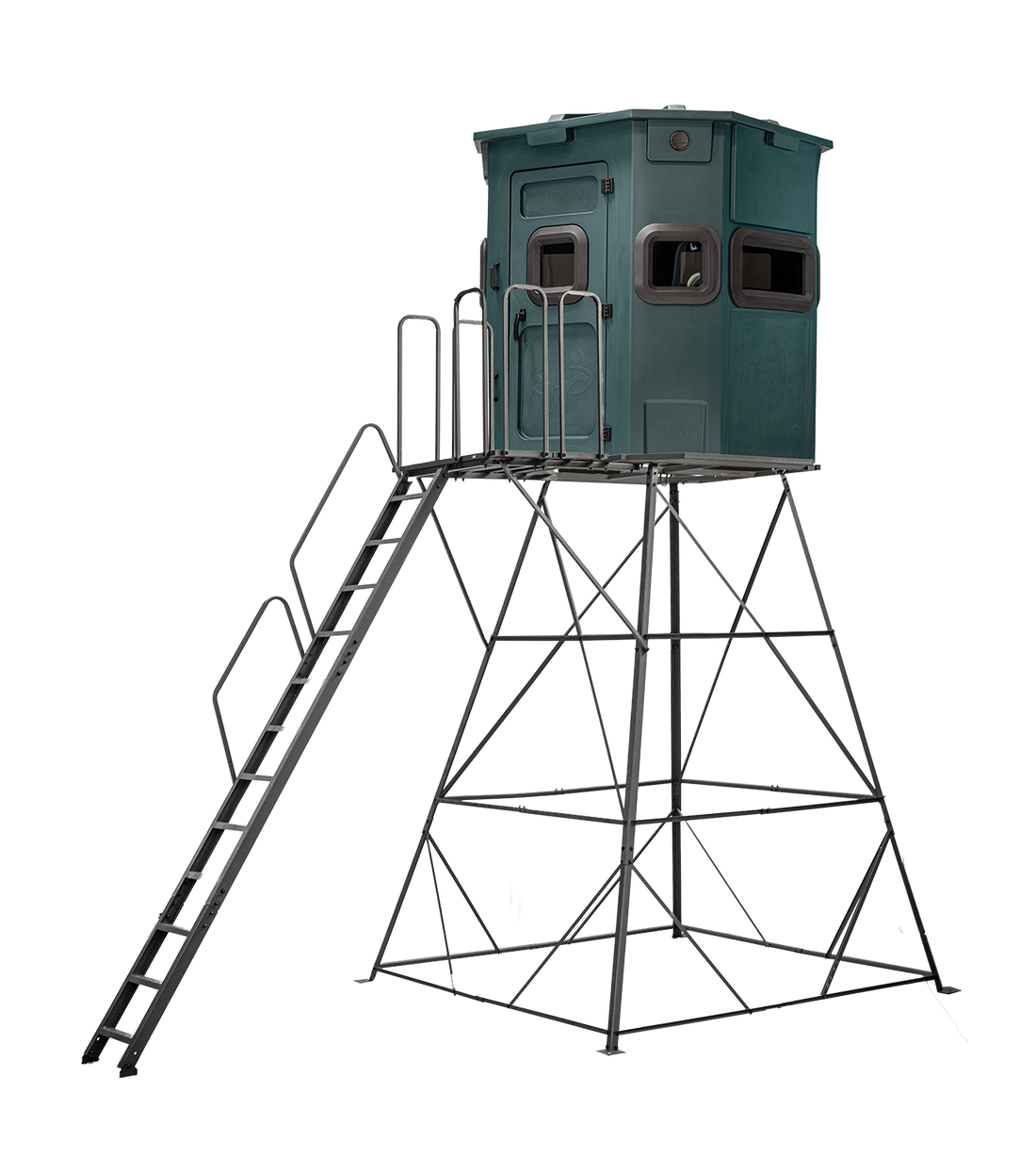 Titan Pro Rifle Blind in forest green, mounted on a 12ft tower with ladder and extension