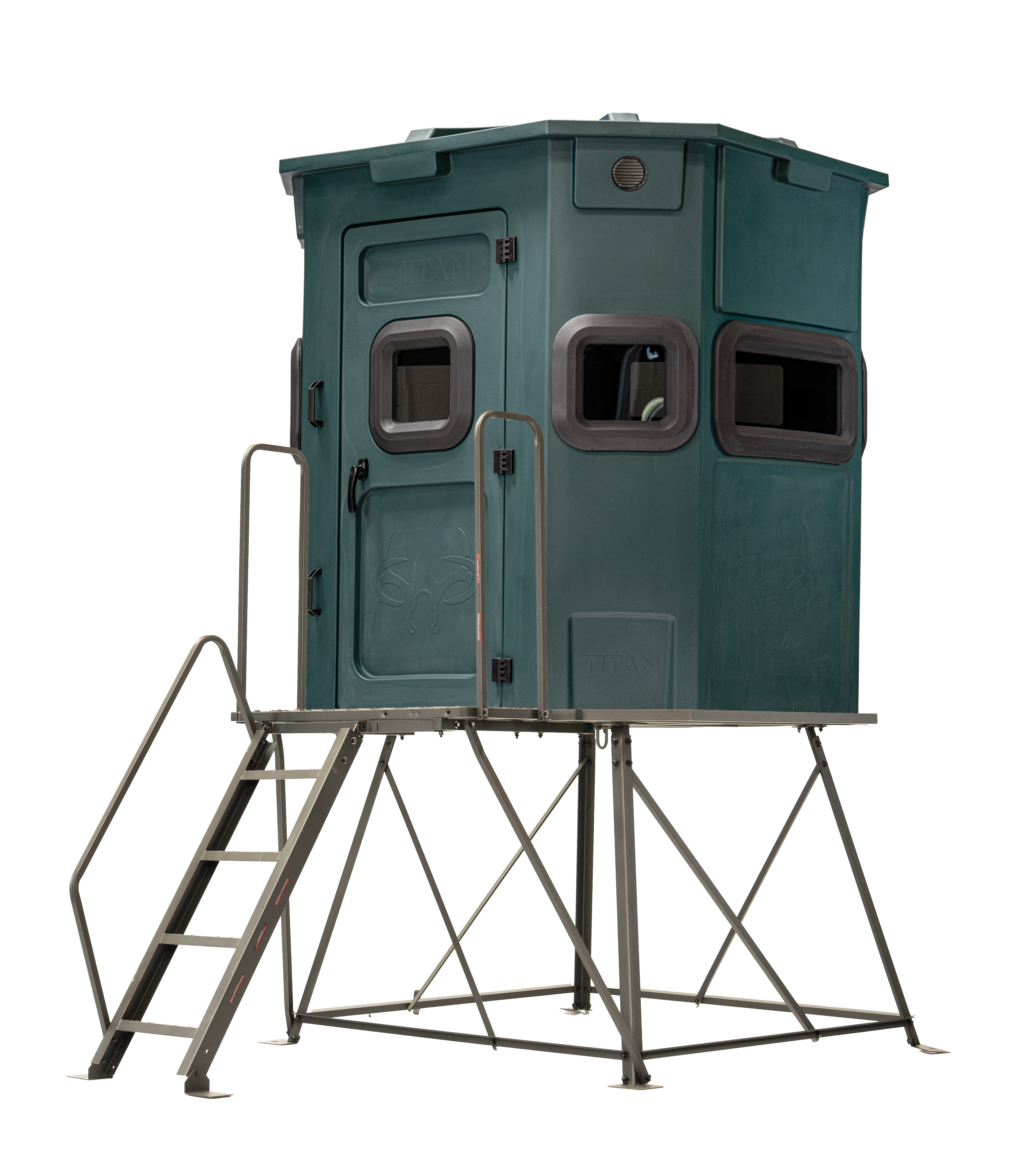 Titan Pro Rifle Blind in forest green, mounted on a 4ft tower with ladder
