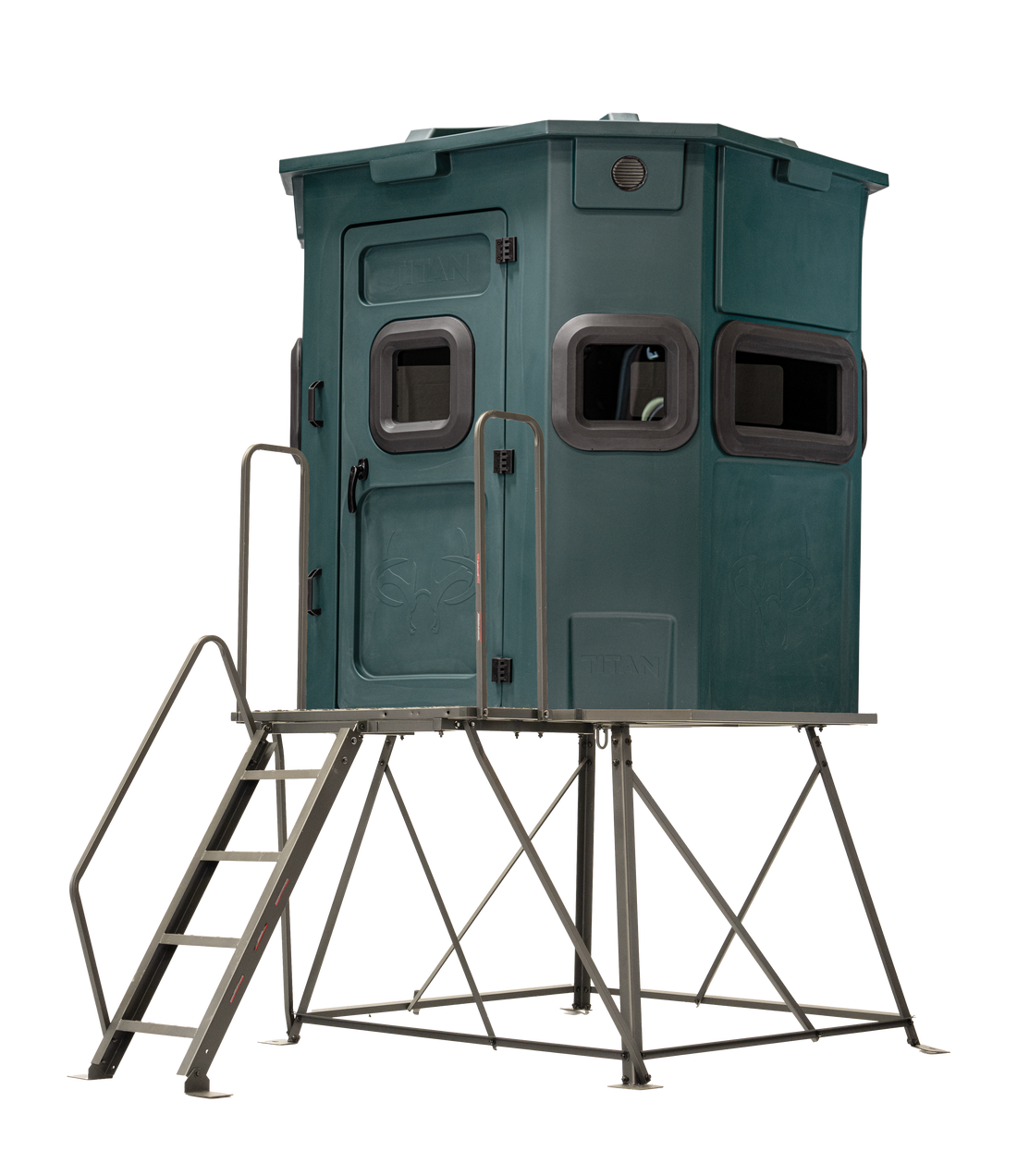Titan Pro Rifle Blind in forest green, mounted on a 4ft tower with ladder