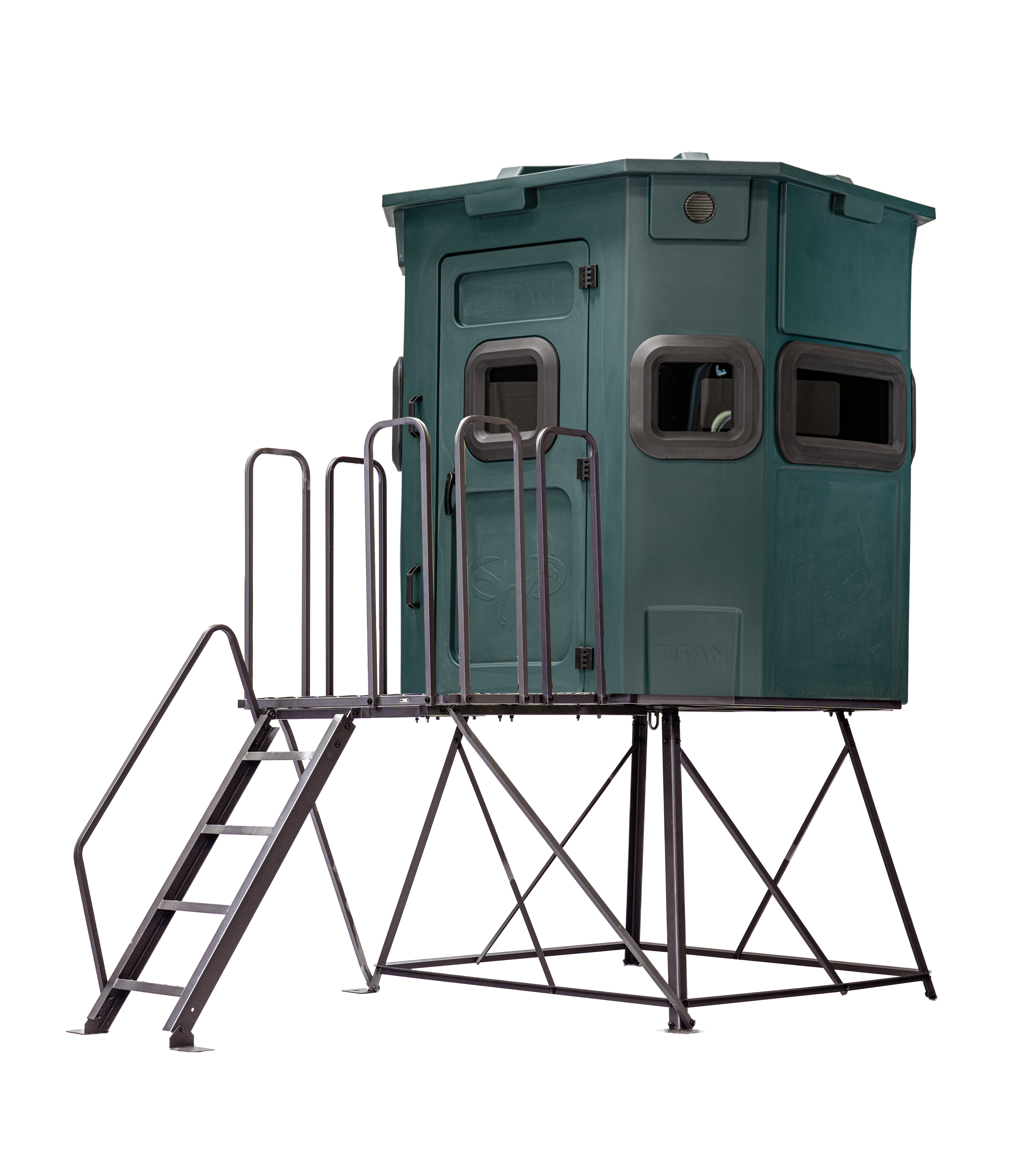 Titan Pro Rifle Blind in forest green, mounted on a 4ft tower with ladder and extension