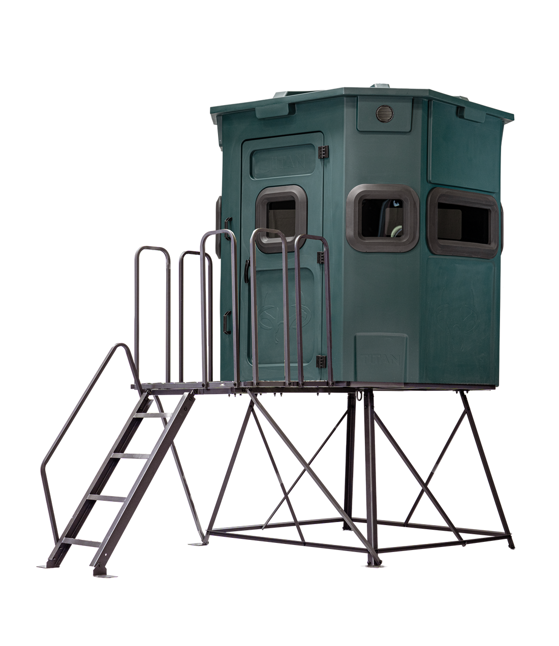 Titan Pro Rifle Blind in forest green, mounted on a 4ft tower with ladder and extension