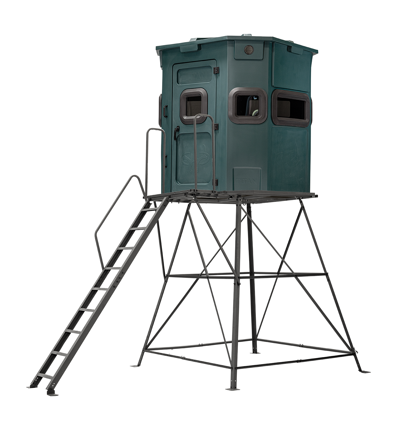 Titan Pro Rifle Blind in forest green, mounted on a 8ft tower with ladder