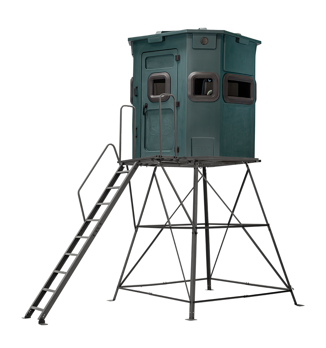 Titan Pro Rifle Blind in forest green, mounted on a 8ft tower with ladder