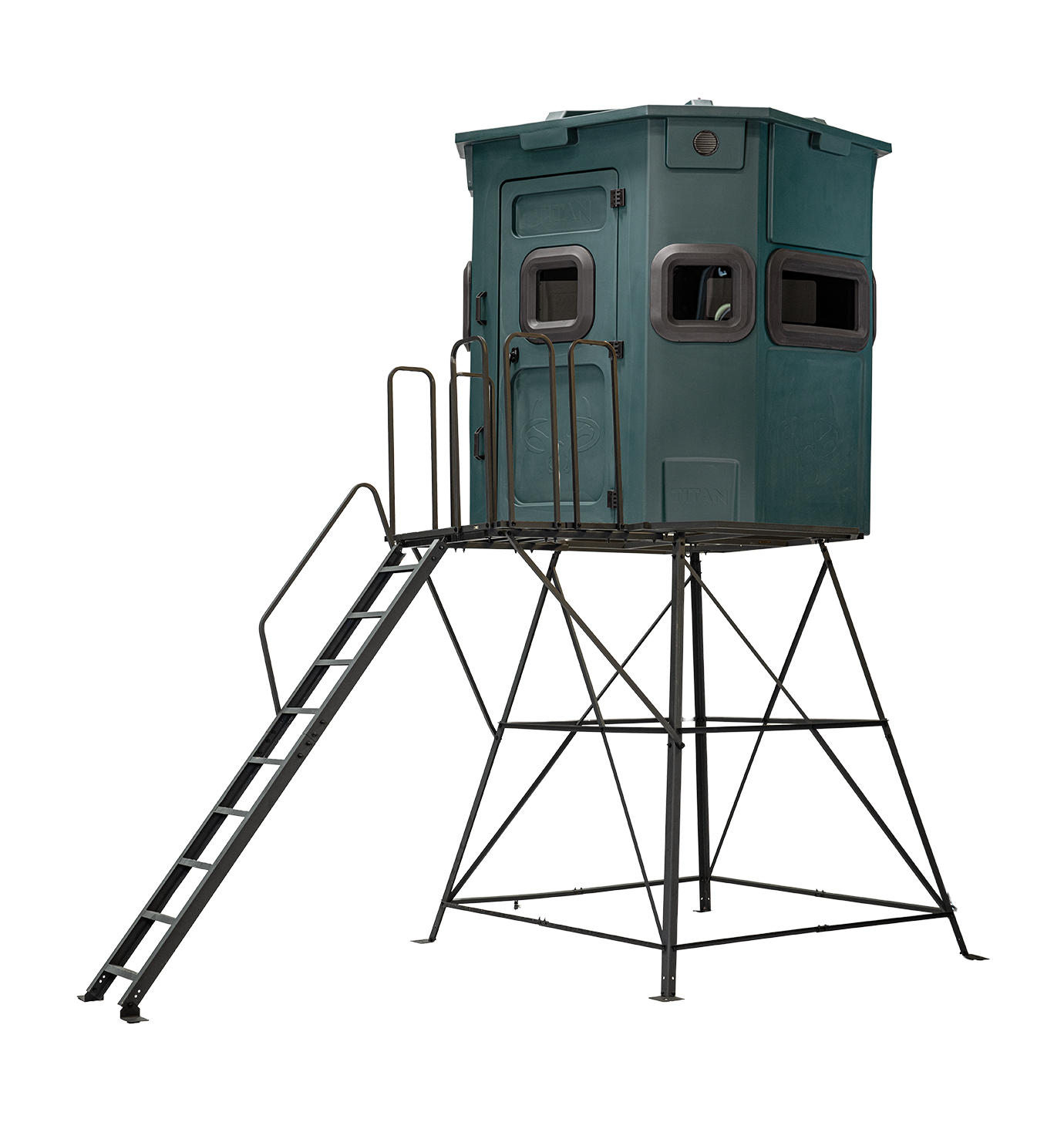 Titan Pro Rifle Blind in forest green, mounted on a 8ft tower with ladder and extension