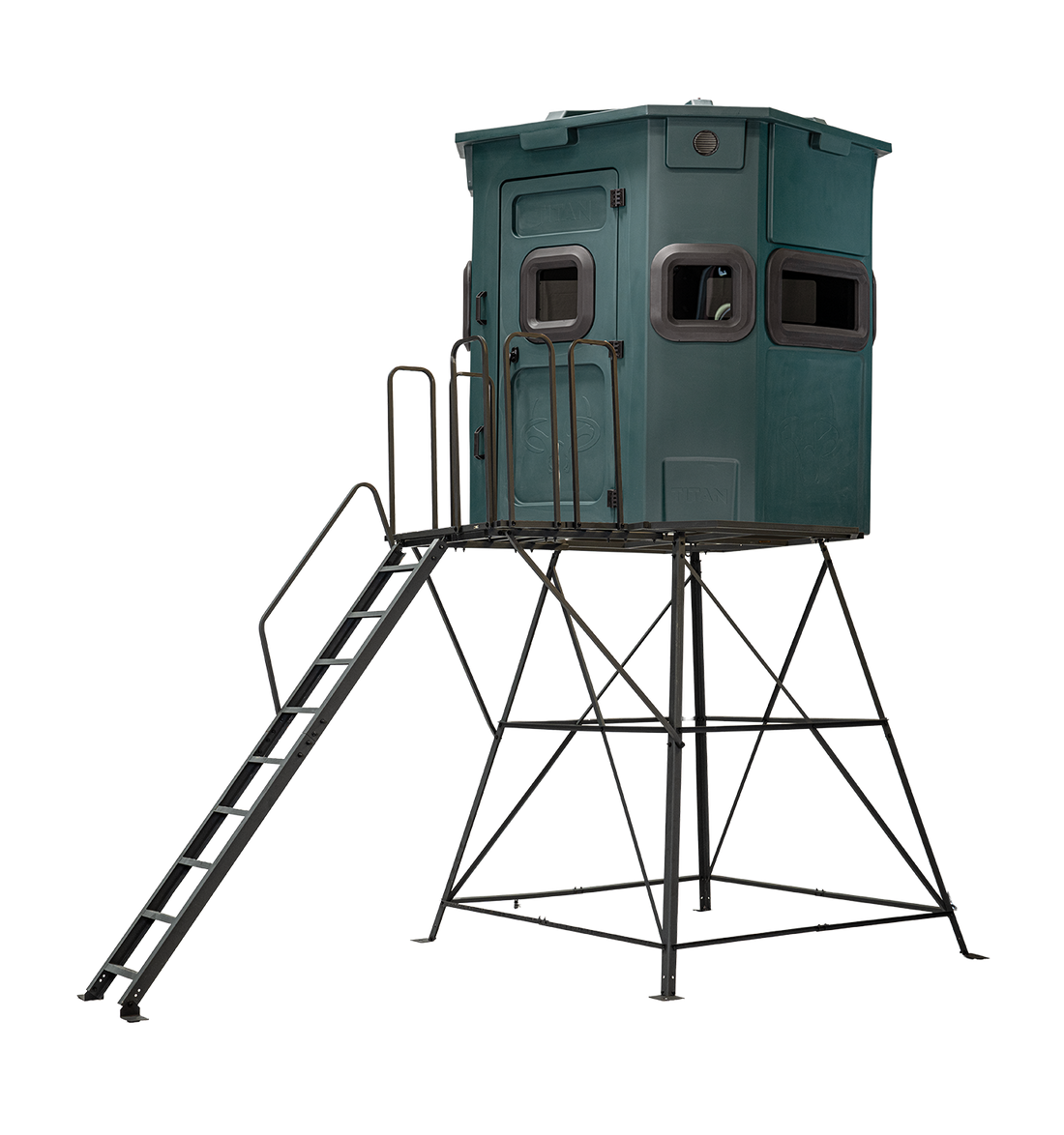 Titan Pro Rifle Blind in forest green, mounted on a 8ft tower with ladder and extension