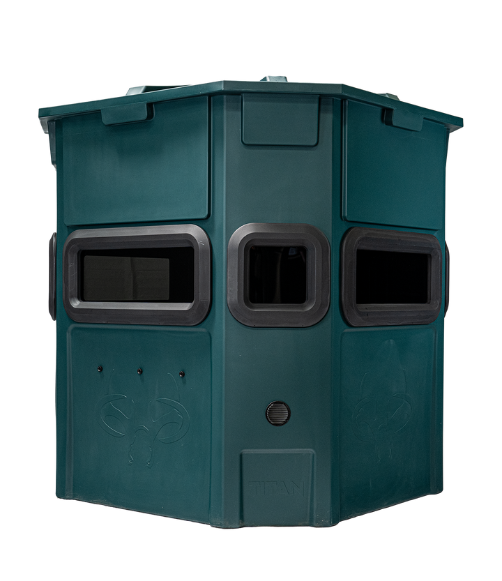 Titan Pro Rifle Blind in forest green, rear view, ground level
