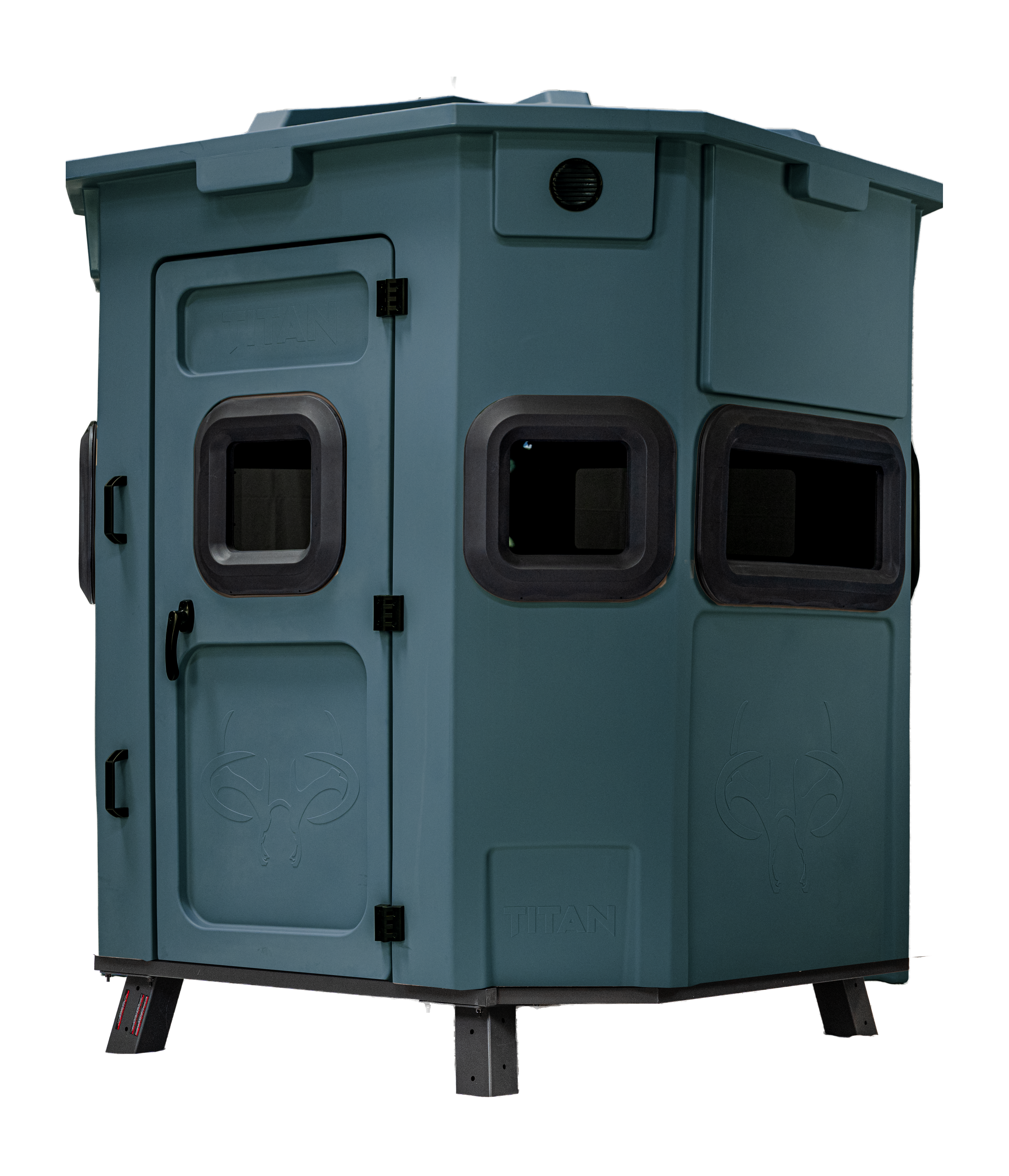 Titan Pro Rifle Blind in forest green, set up on a metal blind base
