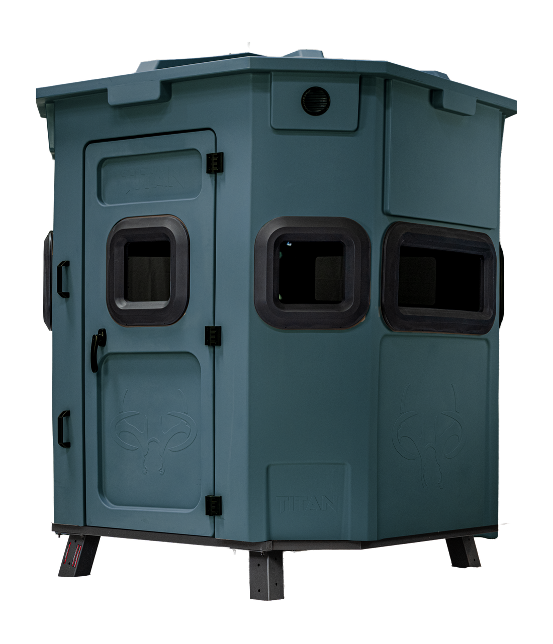 Titan Pro Rifle Blind in forest green, set up on a metal blind base