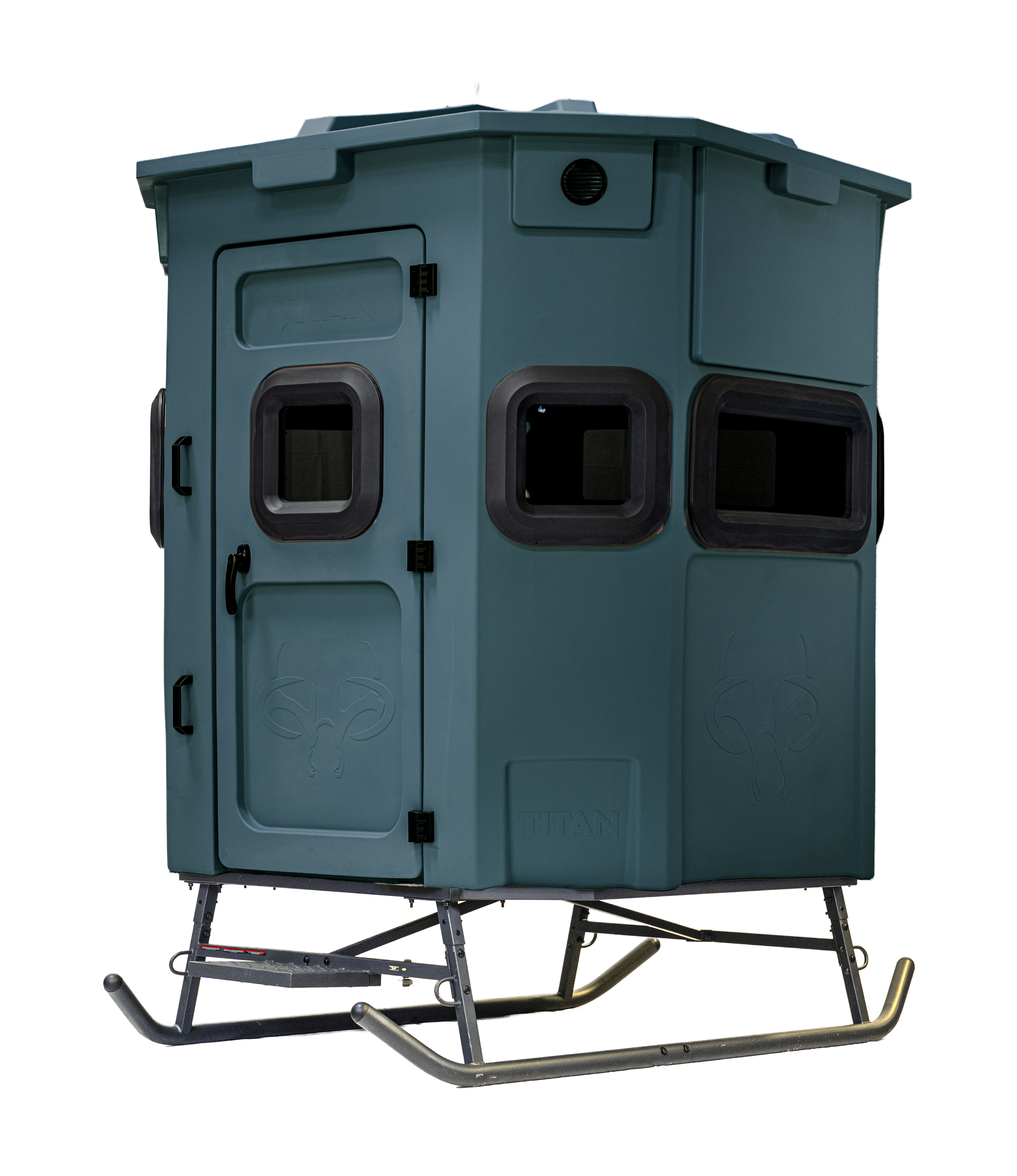 Titan Pro Rifle Blind in forest green, set up on a metal skid base
