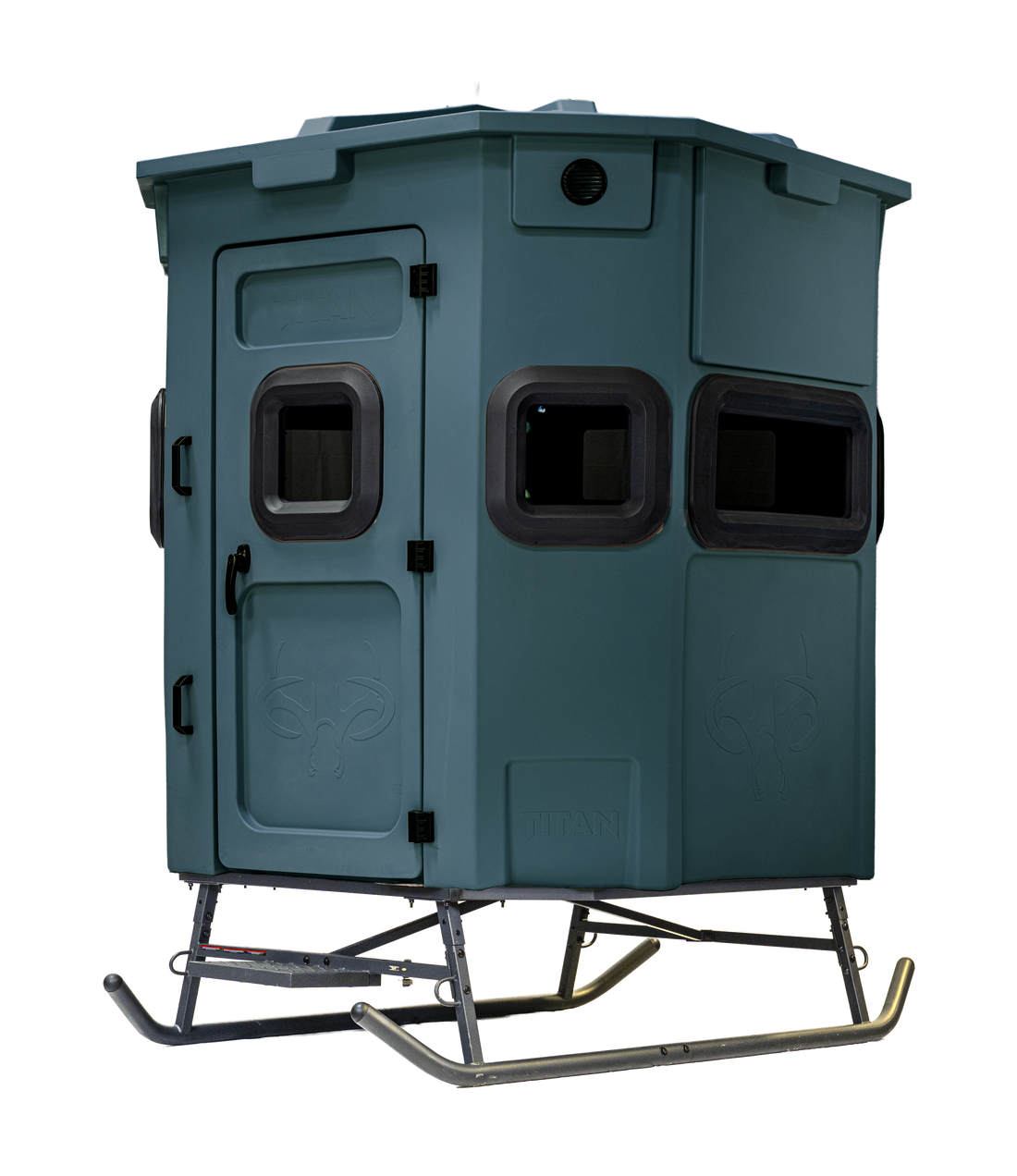 Titan Pro Rifle Blind in forest green, set up on a metal skid base