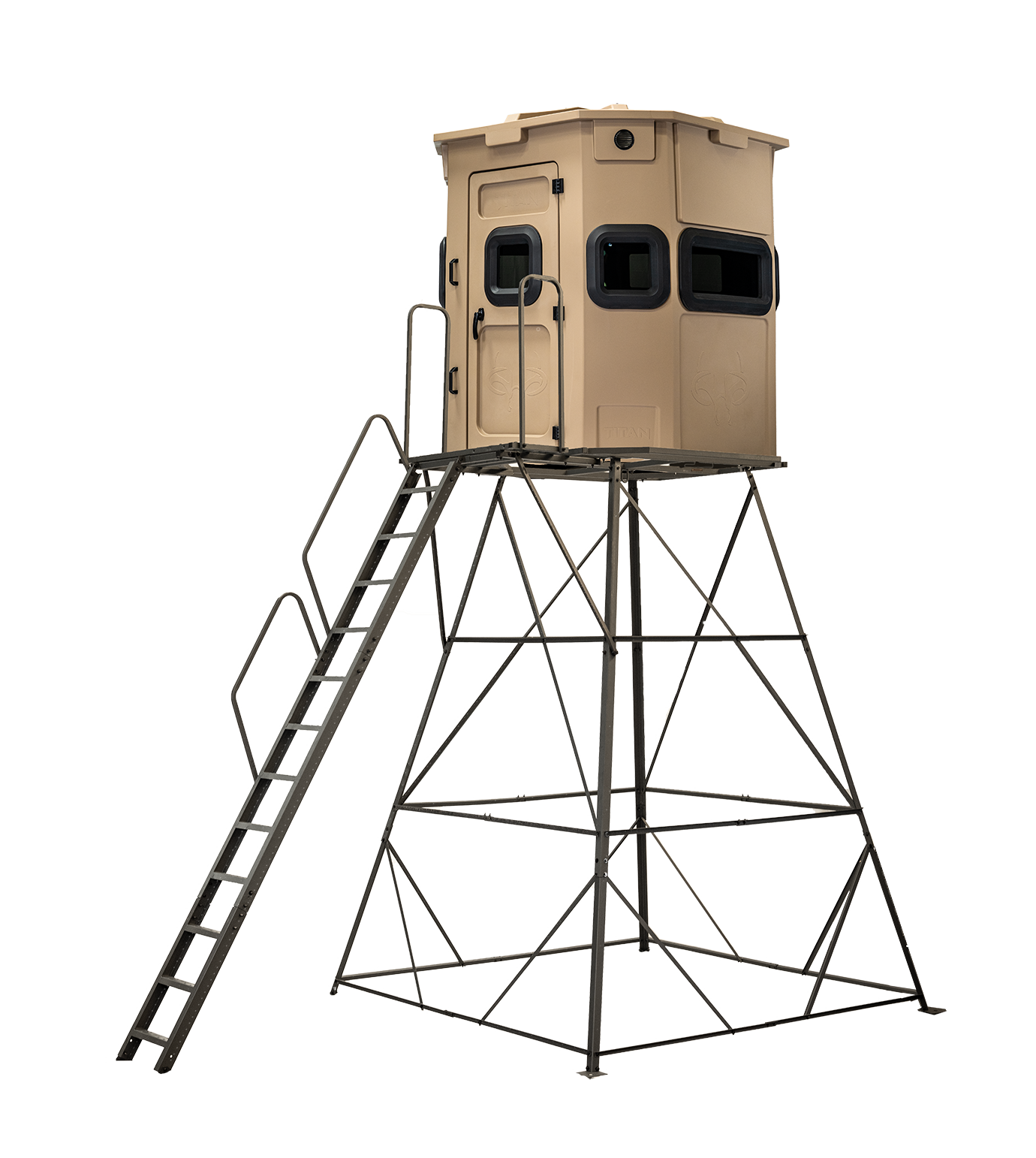 Titan Pro Rifle Blind in desert storm tan, mounted on a 12ft tower with ladder