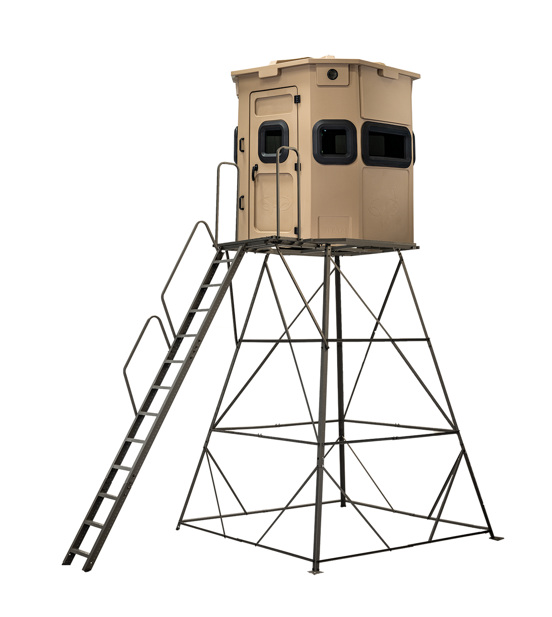 Titan Pro Rifle Blind in desert storm tan, mounted on a 12ft tower with ladder